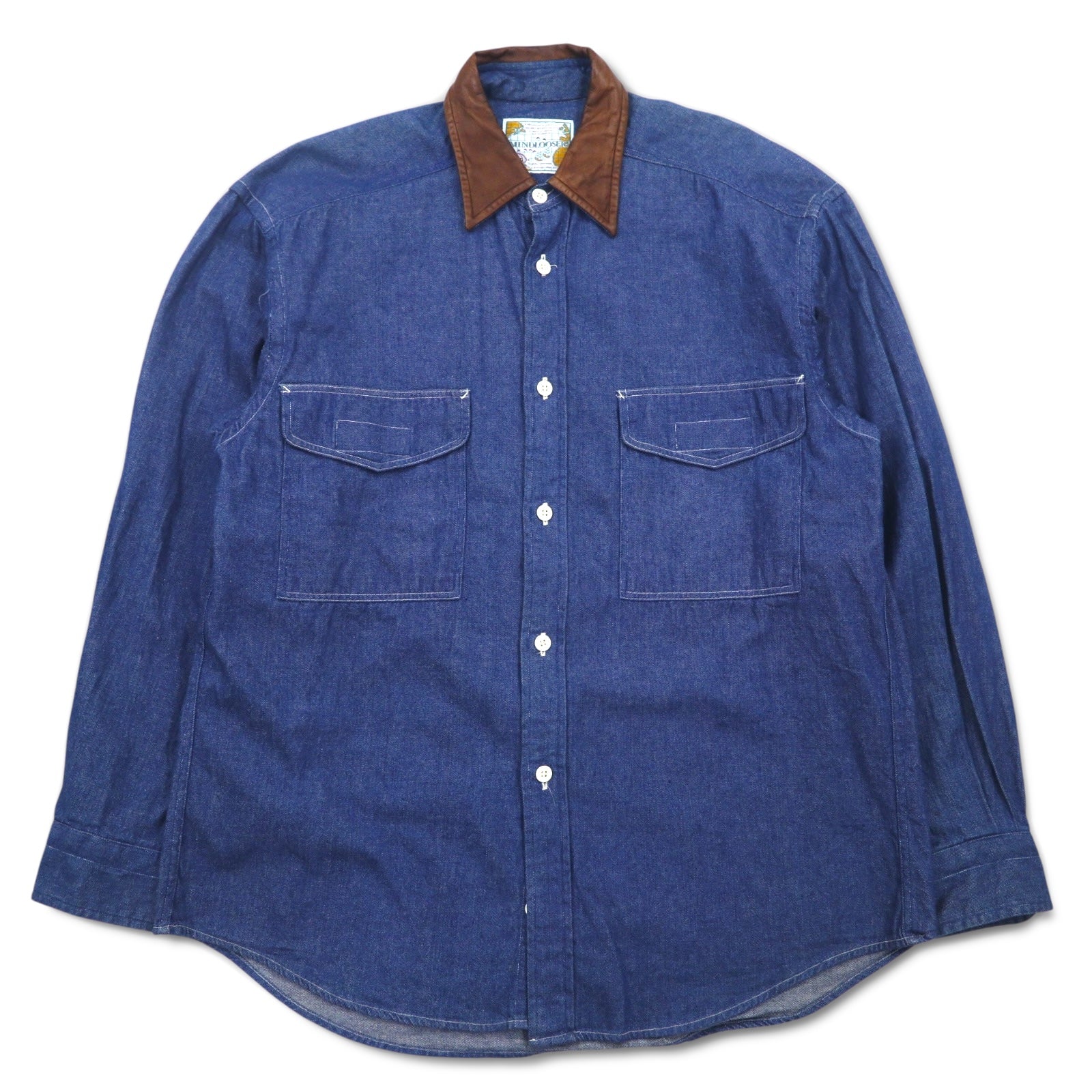 Camicia denim vintage anni '90 MINDLOOSER con colletto in pelle e inserti, camicia denim da lavoro, taglia L, indaco, blu, cotone