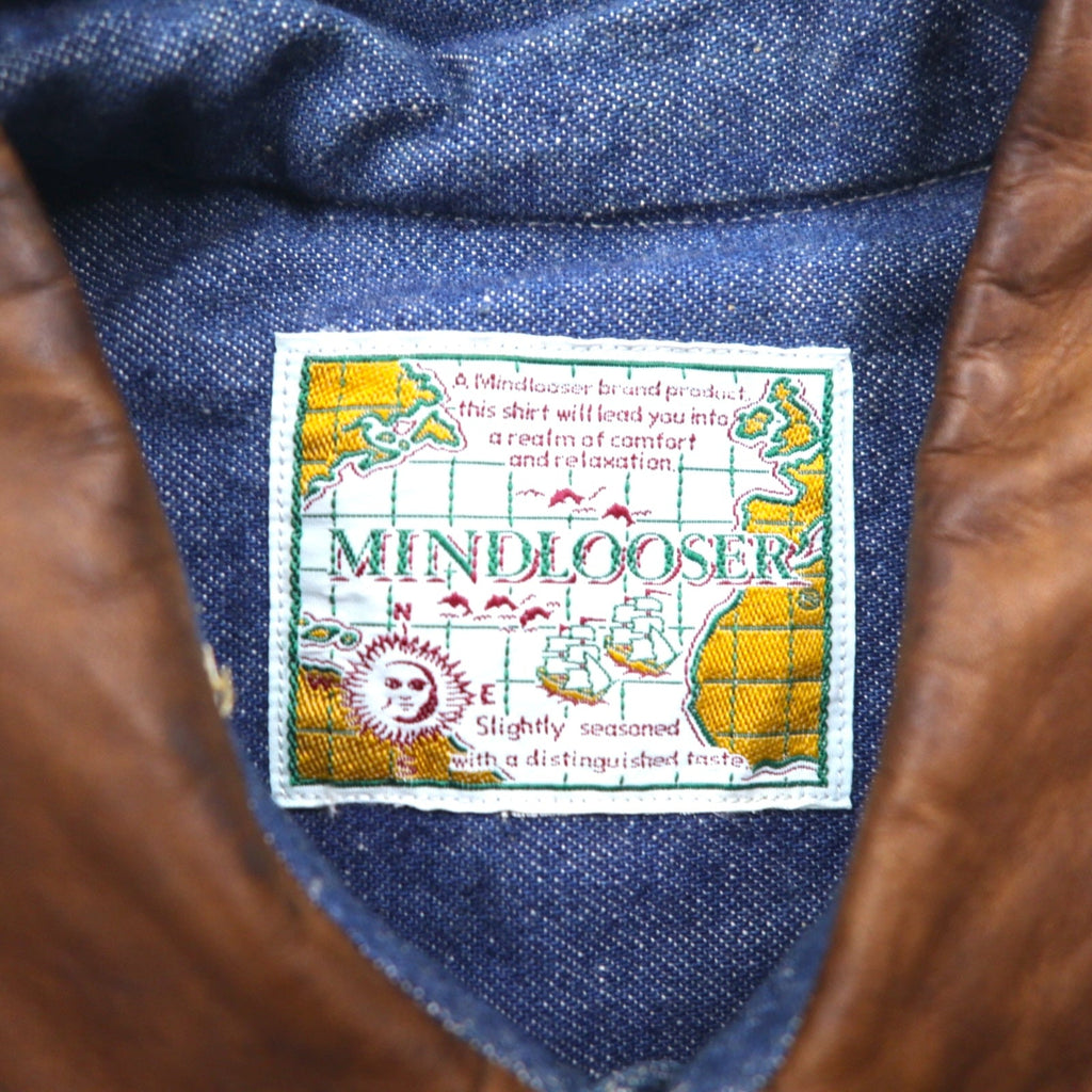 Camicia denim vintage anni '90 MINDLOOSER con colletto in pelle e inserti, camicia denim da lavoro, taglia L, indaco, blu, cotone