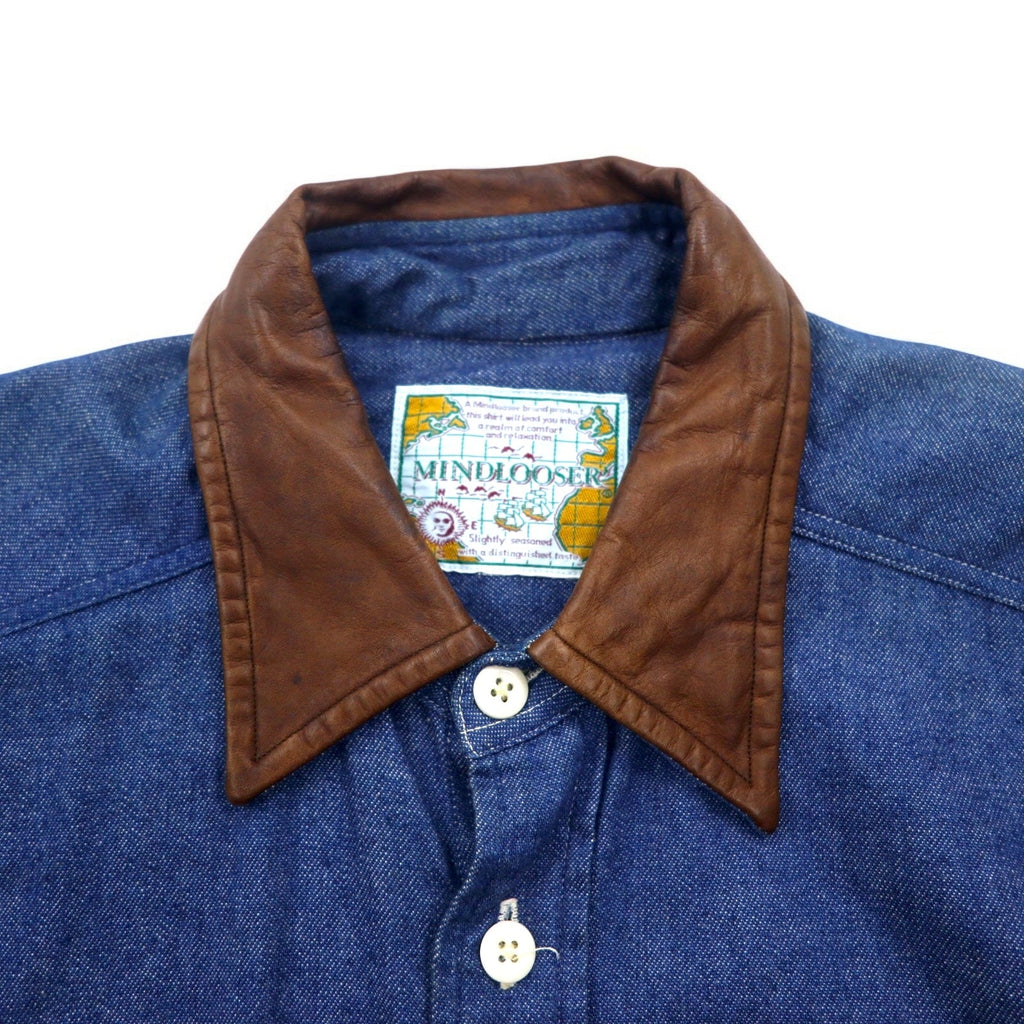 Camicia denim vintage anni '90 MINDLOOSER con colletto in pelle e inserti, camicia denim da lavoro, taglia L, indaco, blu, cotone