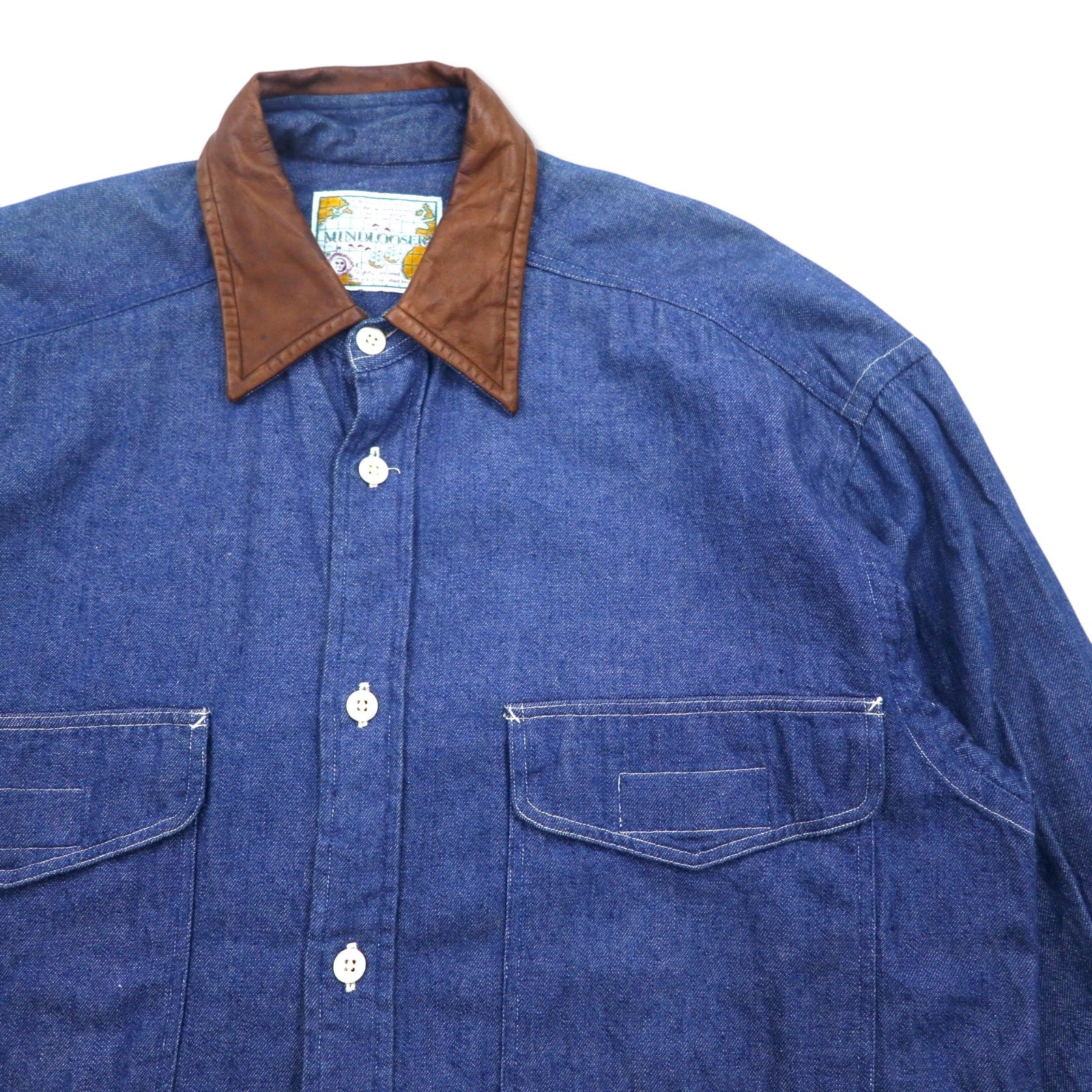 Vintage 90s Denim Shirt MINDLOOSER 襟レザー 切替 ワーク デニムシャツ L インディゴ ブルー コットン