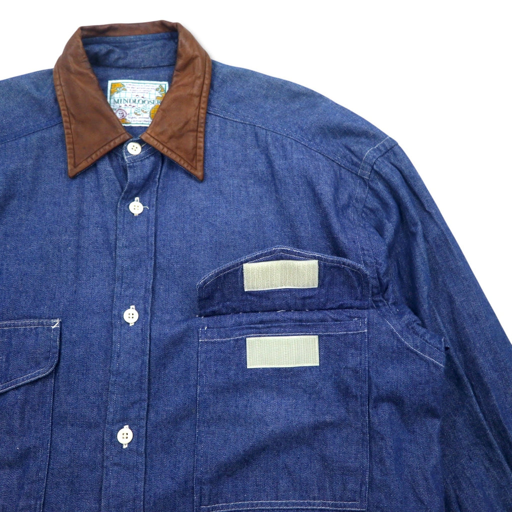 Camicia denim vintage anni '90 MINDLOOSER con colletto in pelle e inserti, camicia denim da lavoro, taglia L, indaco, blu, cotone