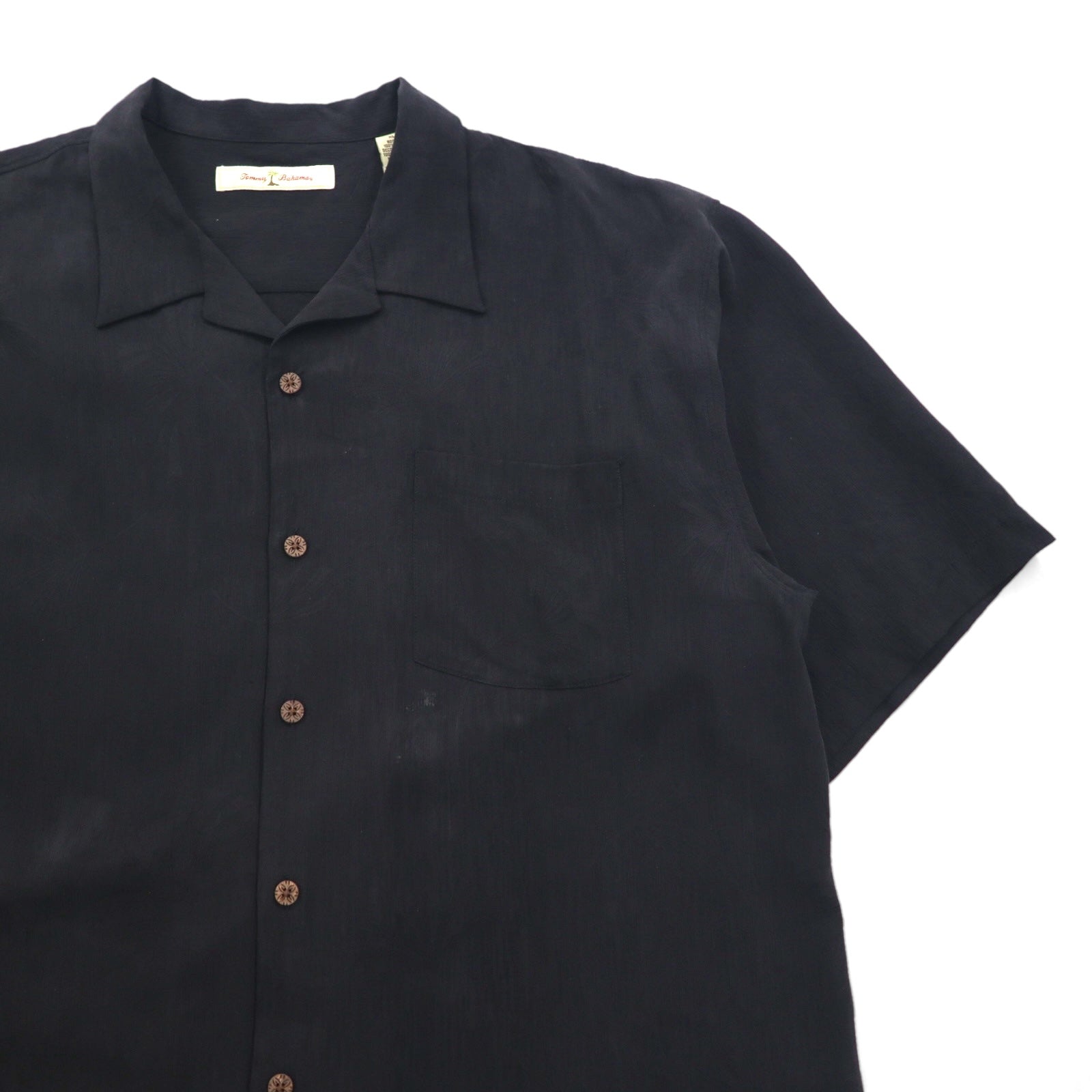 TOMMY BAHAMA Camicia in seta con colletto aperto stile hawaiano, taglia XL, colore nero, vestibilità squadrata, logo ricamato sul retro, motivo cocktail