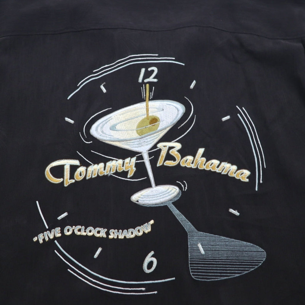TOMMY BAHAMA Camicia in seta con colletto aperto stile hawaiano, taglia XL, colore nero, vestibilità squadrata, logo ricamato sul retro, motivo cocktail