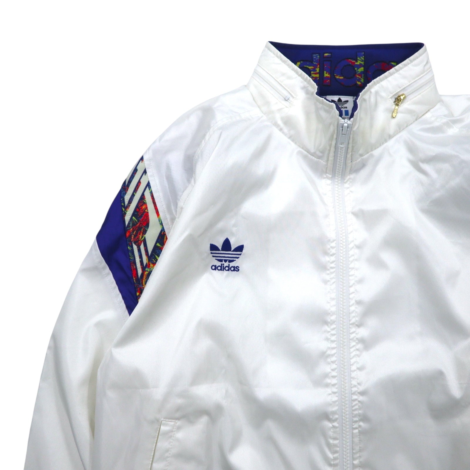 Giacca della tuta adidas Descente anni '90, tuta sportiva, taglia O, bianca, logo Trefoil ricamato