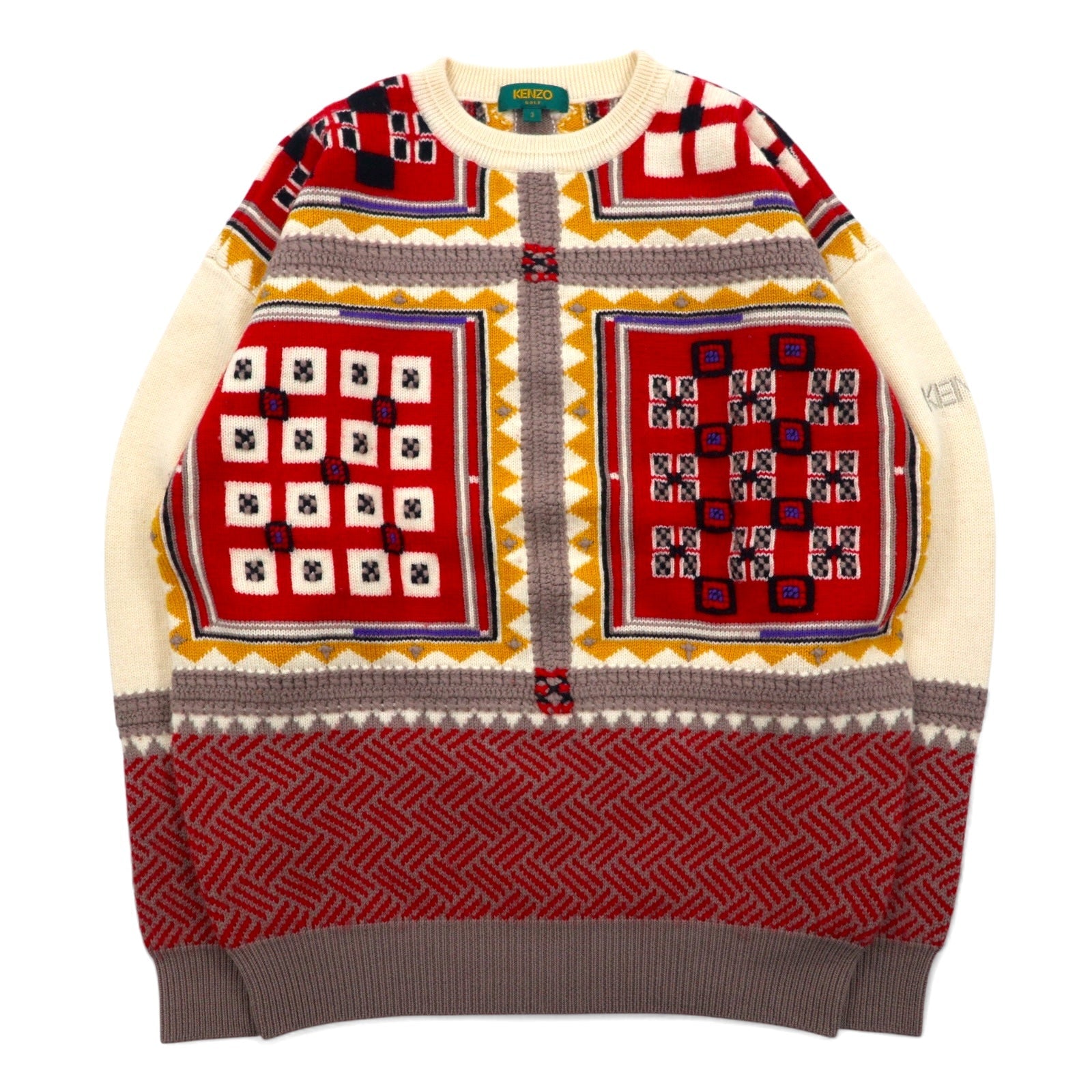 KENZO GOLF anni '90 maglione in lana con fantasia all-over L crema