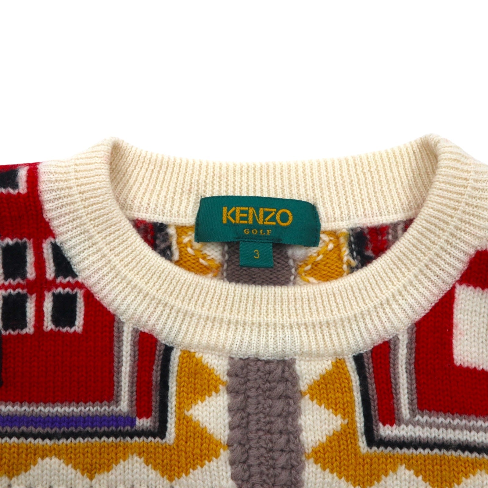 KENZO GOLF anni '90 maglione in lana con fantasia all-over L crema