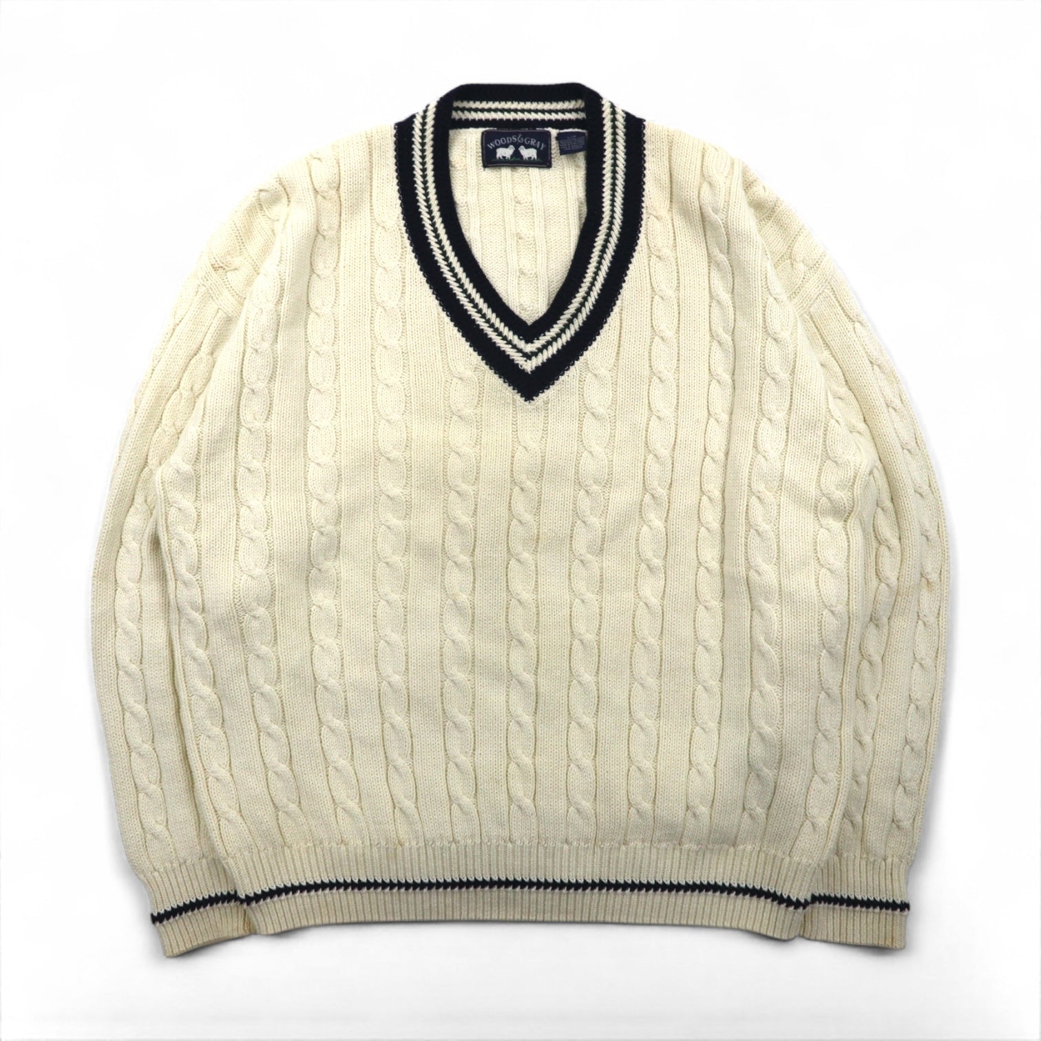 90s Vintage V-neck Knit 90年代 チルデン ニット Vネック セーター L ホワイト ケーブル編み WOODS&GRAY