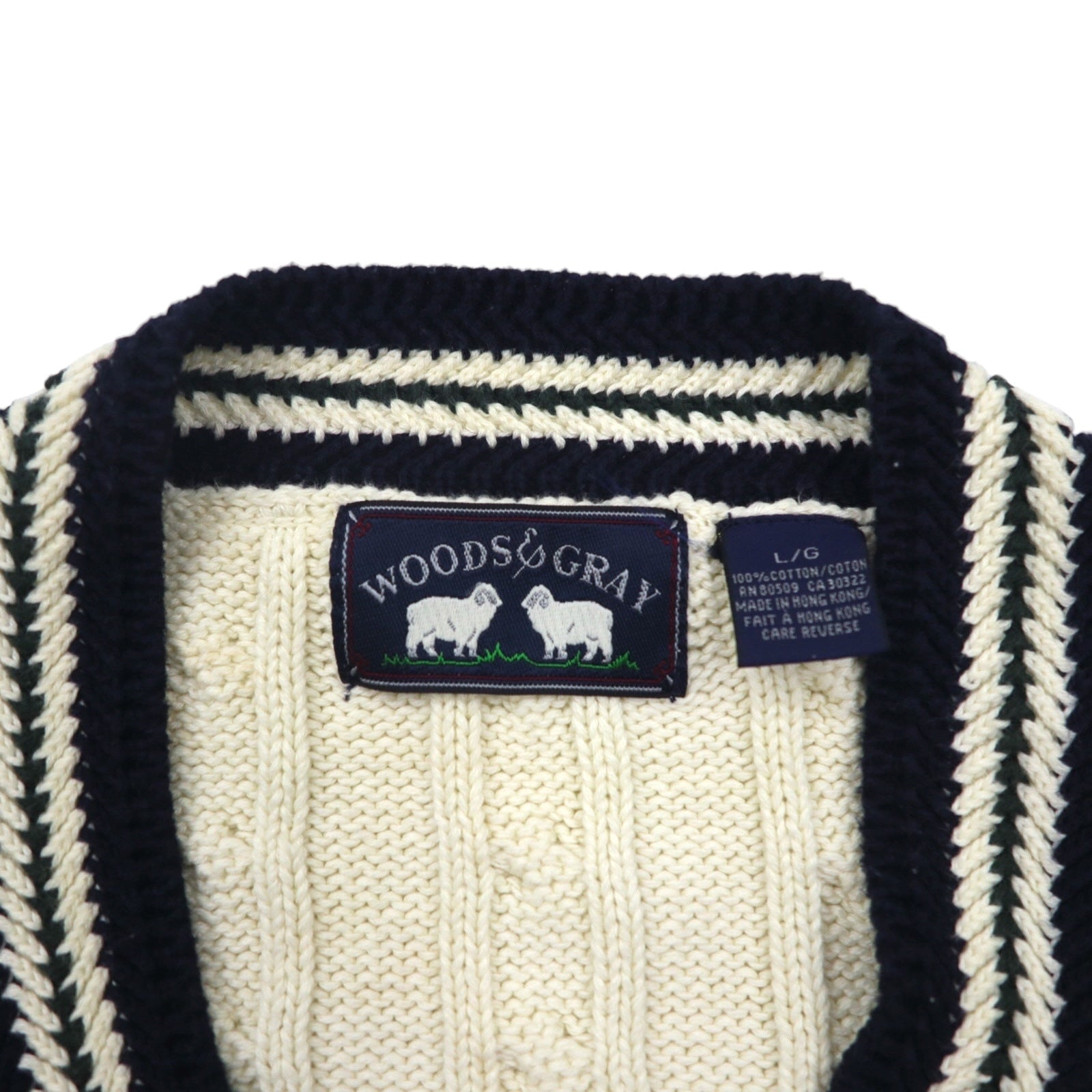 90s Vintage V-neck Knit 90年代 チルデン ニット Vネック セーター L ホワイト ケーブル編み WOODS&GRAY