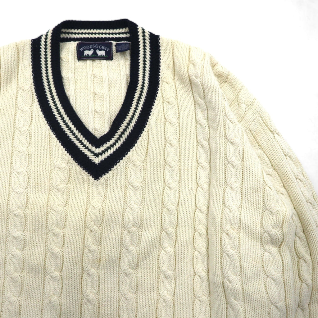 90s Vintage V-neck Knit 90年代 チルデン ニット Vネック セーター L ホワイト ケーブル編み WOODS&GRAY