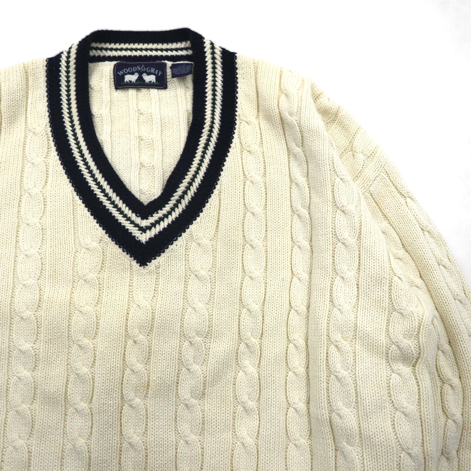 90s Vintage V-neck Knit 90年代 チルデン ニット Vネック セーター L ホワイト ケーブル編み WOODS&GRAY