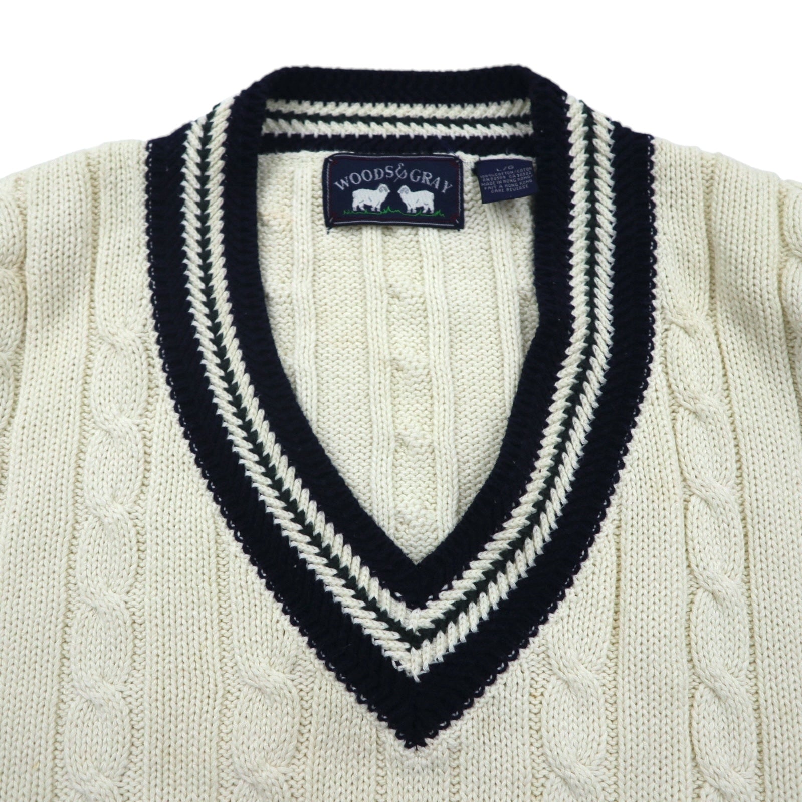 90s Vintage V-neck Knit 90年代 チルデン ニット Vネック セーター L ホワイト ケーブル編み WOODS&GRAY