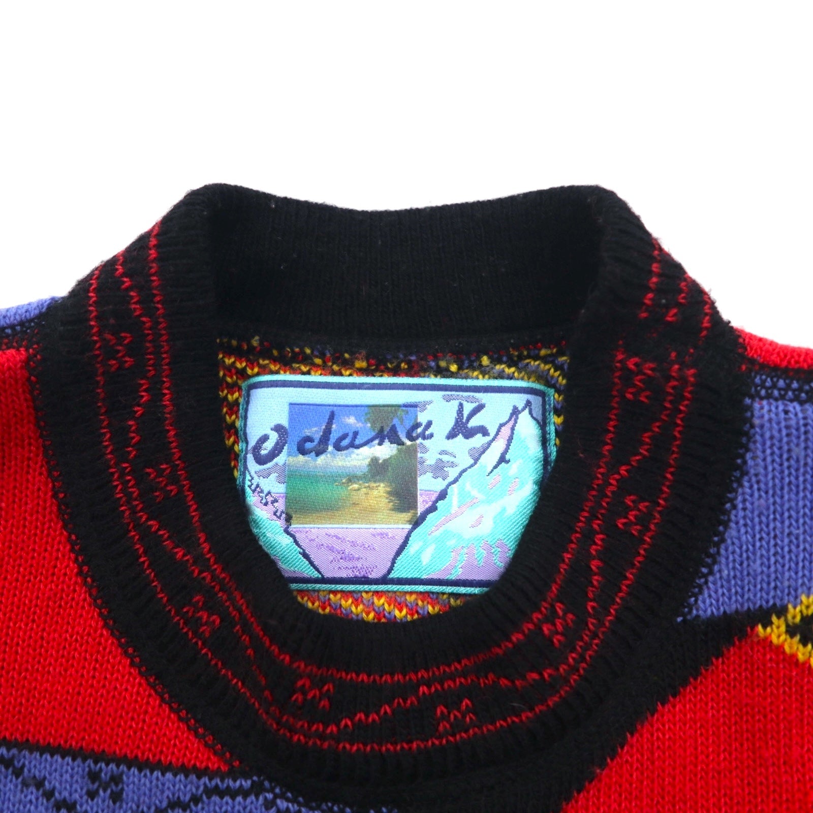 Maglione in maglia tirolese odana anni '90, fantasia all-over, taglia L, nero e giallo, acrilico, made in Francia