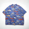 Reyn SPOONER anni '90 Aloha shirt AMERICAN CLASSICS auto d'epoca fabbricata alle Hawaii (USA) 2XL blu rayon CHEVROLET