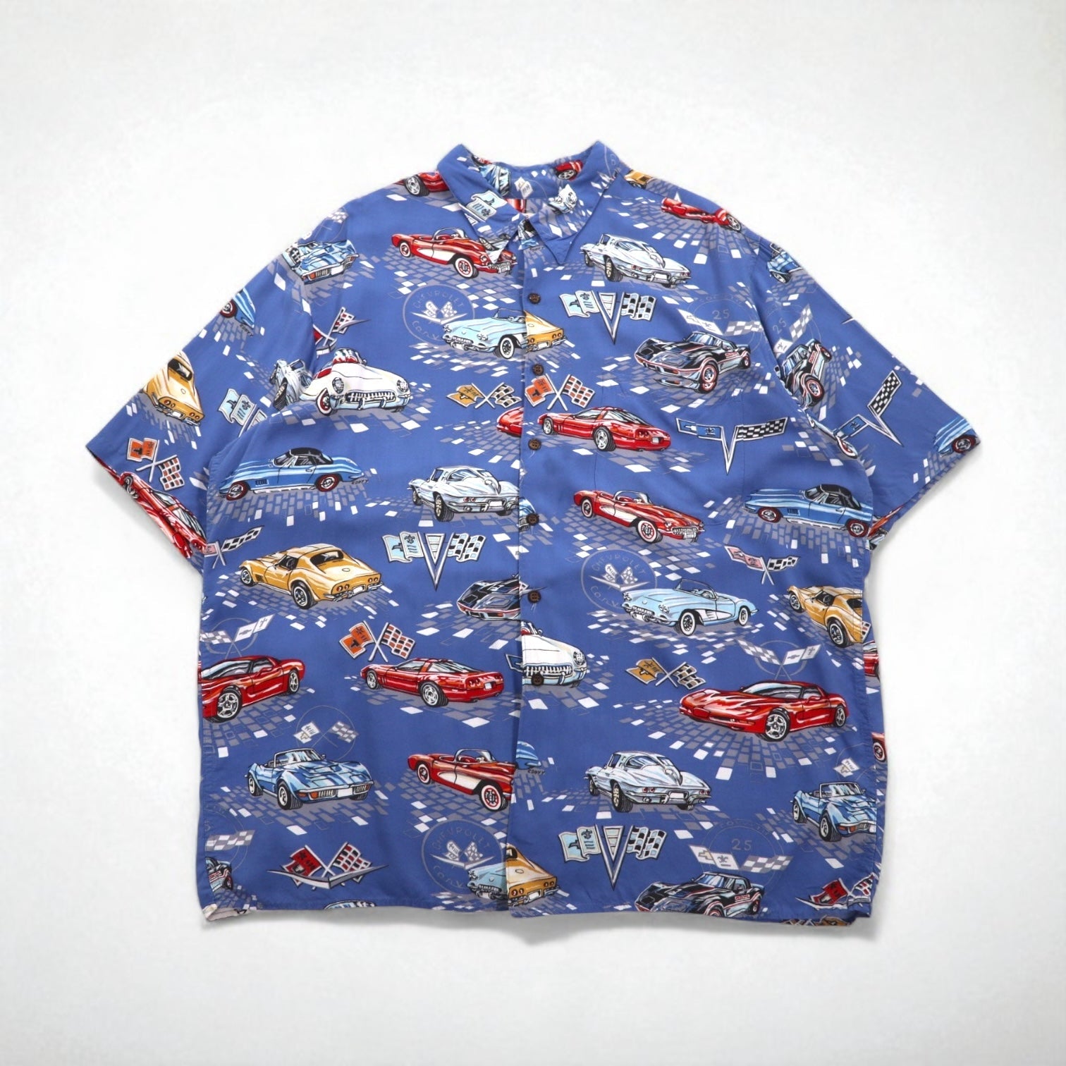 Reyn SPOONER anni '90 Aloha shirt AMERICAN CLASSICS auto d'epoca fabbricata alle Hawaii (USA) 2XL blu rayon CHEVROLET