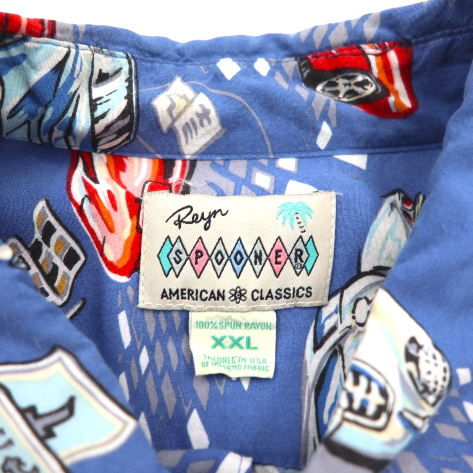 Reyn SPOONER anni '90 Aloha shirt AMERICAN CLASSICS auto d'epoca fabbricata alle Hawaii (USA) 2XL blu rayon CHEVROLET
