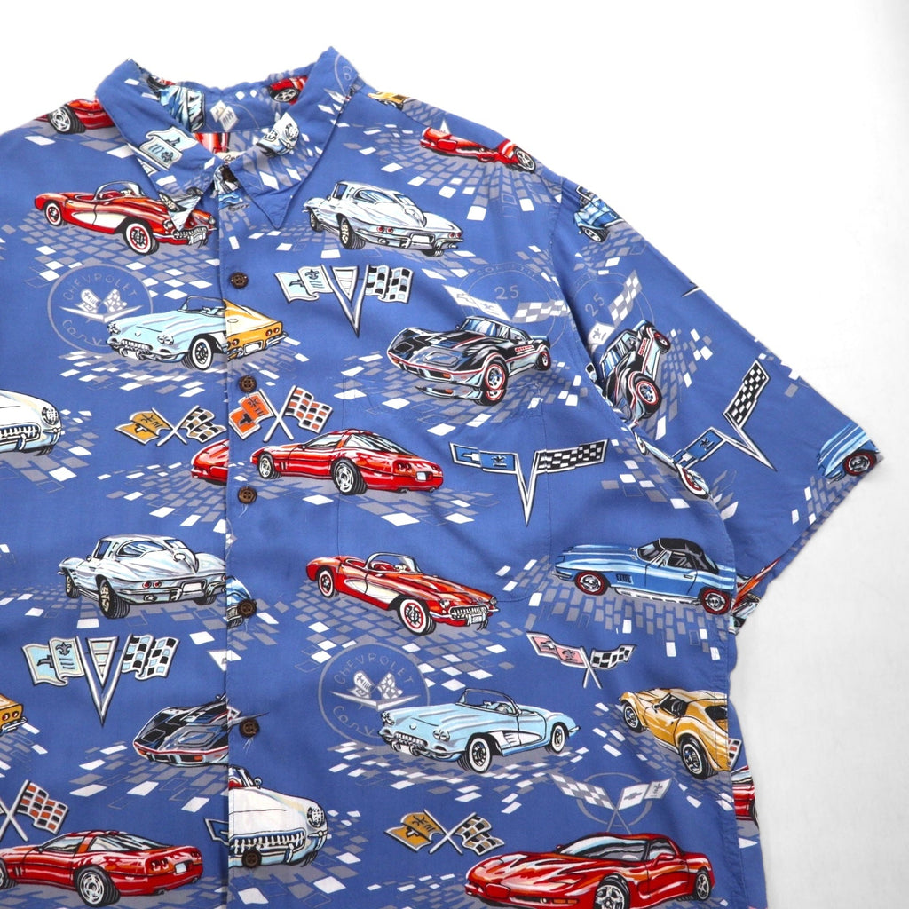 Reyn SPOONER anni '90 Aloha shirt AMERICAN CLASSICS auto d'epoca fabbricata alle Hawaii (USA) 2XL blu rayon CHEVROLET