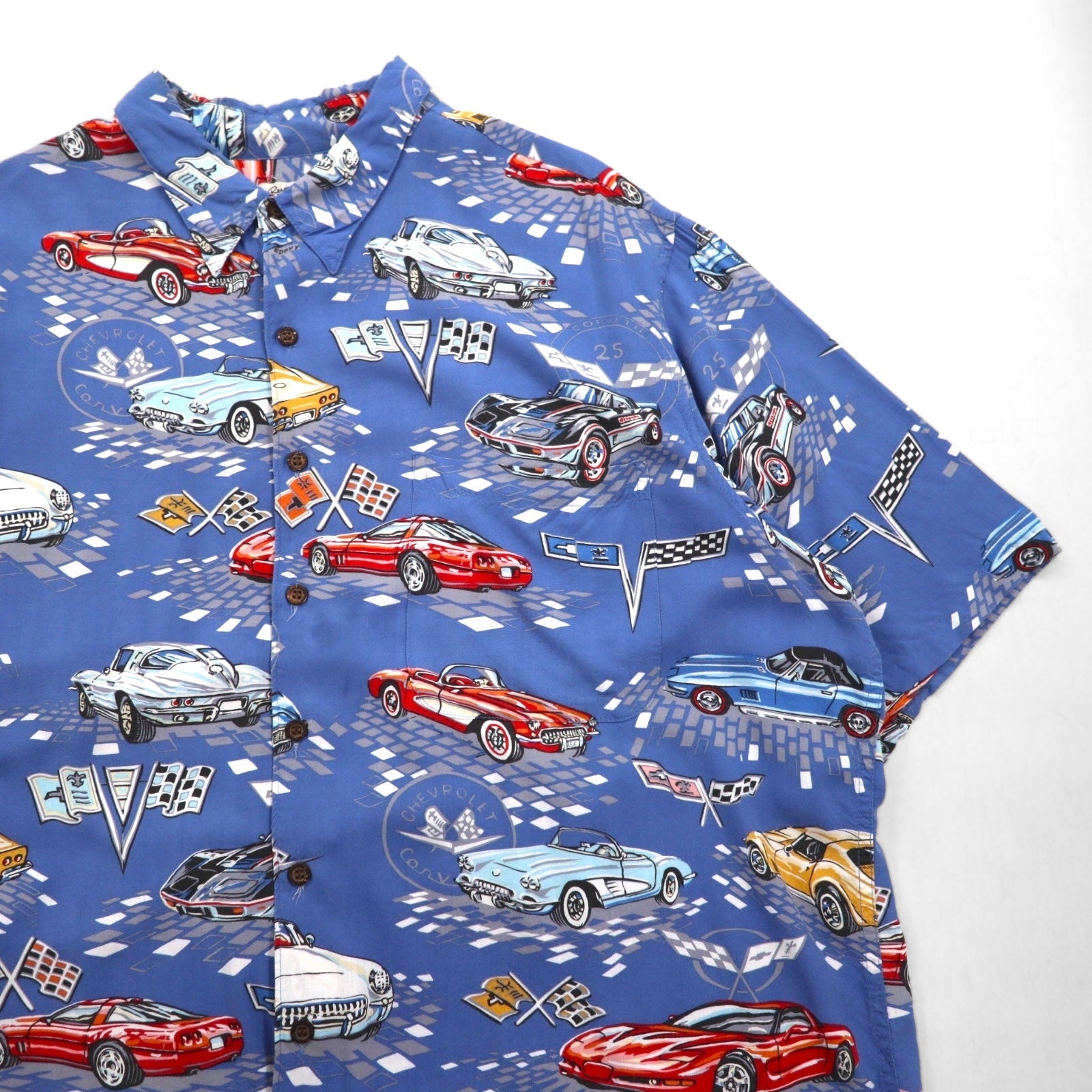 Reyn SPOONER anni '90 Aloha shirt AMERICAN CLASSICS auto d'epoca fabbricata alle Hawaii (USA) 2XL blu rayon CHEVROLET