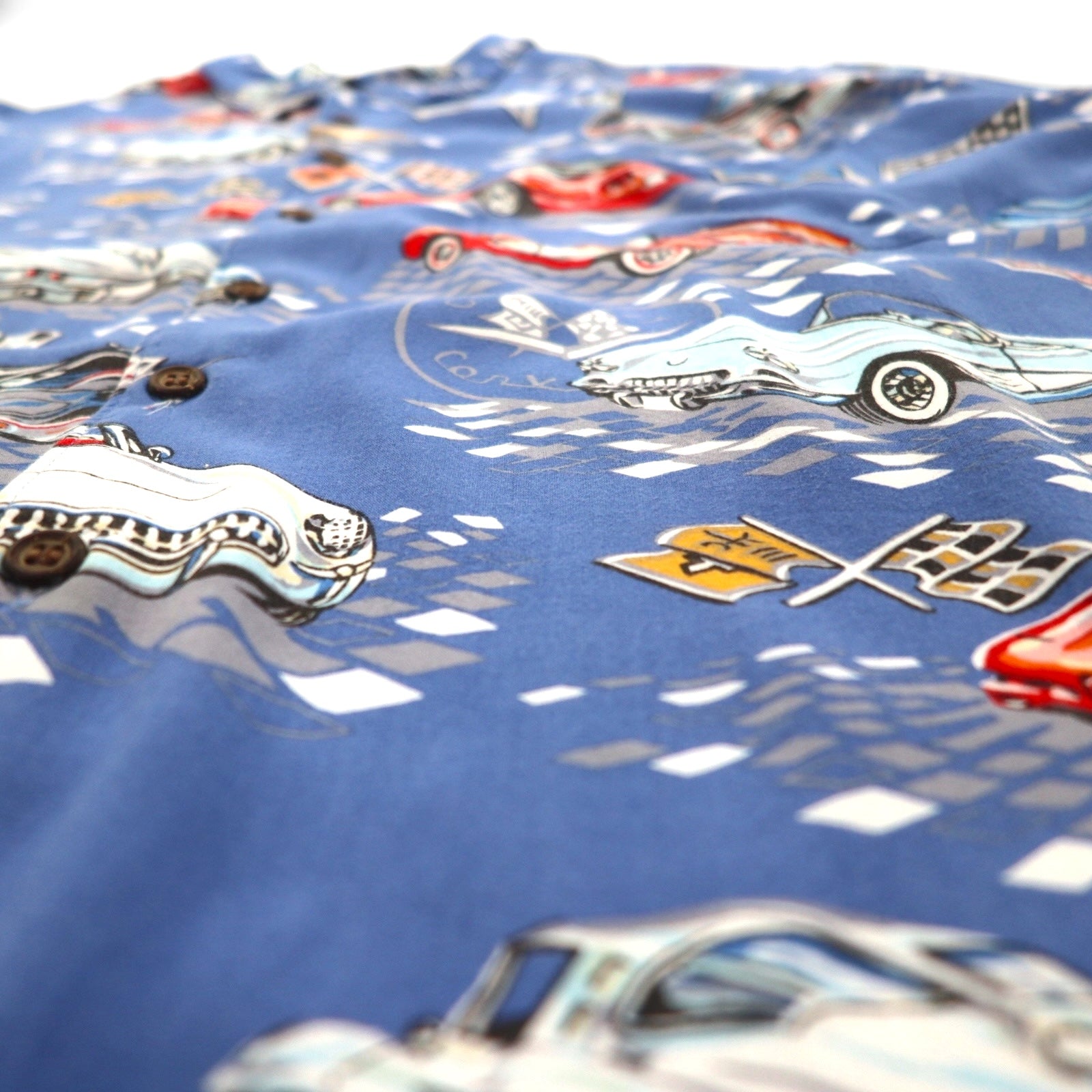 Reyn SPOONER anni '90 Aloha shirt AMERICAN CLASSICS auto d'epoca fabbricata alle Hawaii (USA) 2XL blu rayon CHEVROLET