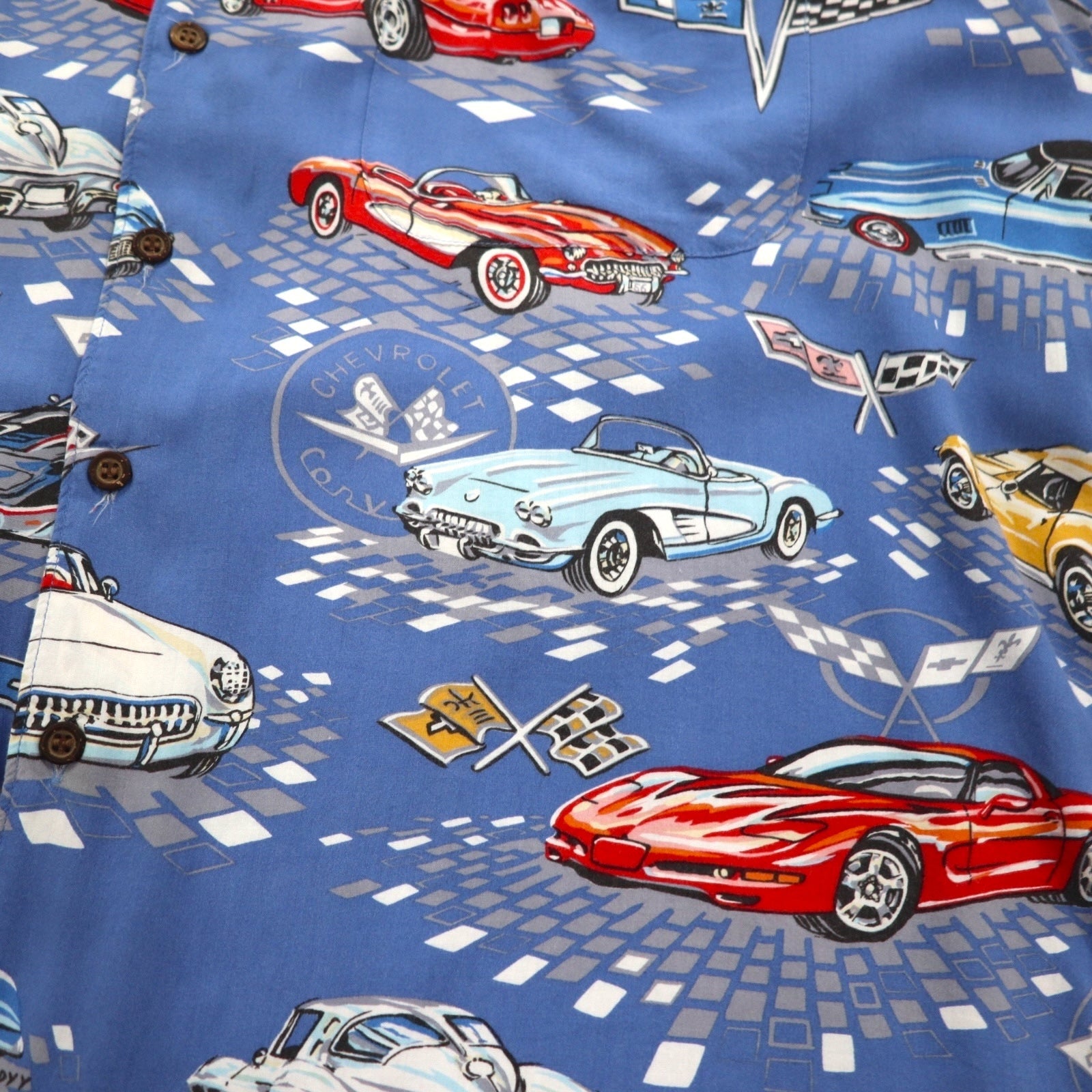Reyn SPOONER anni '90 Aloha shirt AMERICAN CLASSICS auto d'epoca fabbricata alle Hawaii (USA) 2XL blu rayon CHEVROLET