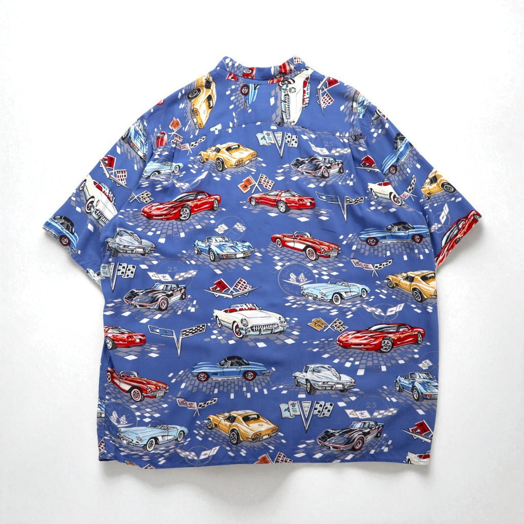 Reyn SPOONER anni '90 Aloha shirt AMERICAN CLASSICS auto d'epoca fabbricata alle Hawaii (USA) 2XL blu rayon CHEVROLET