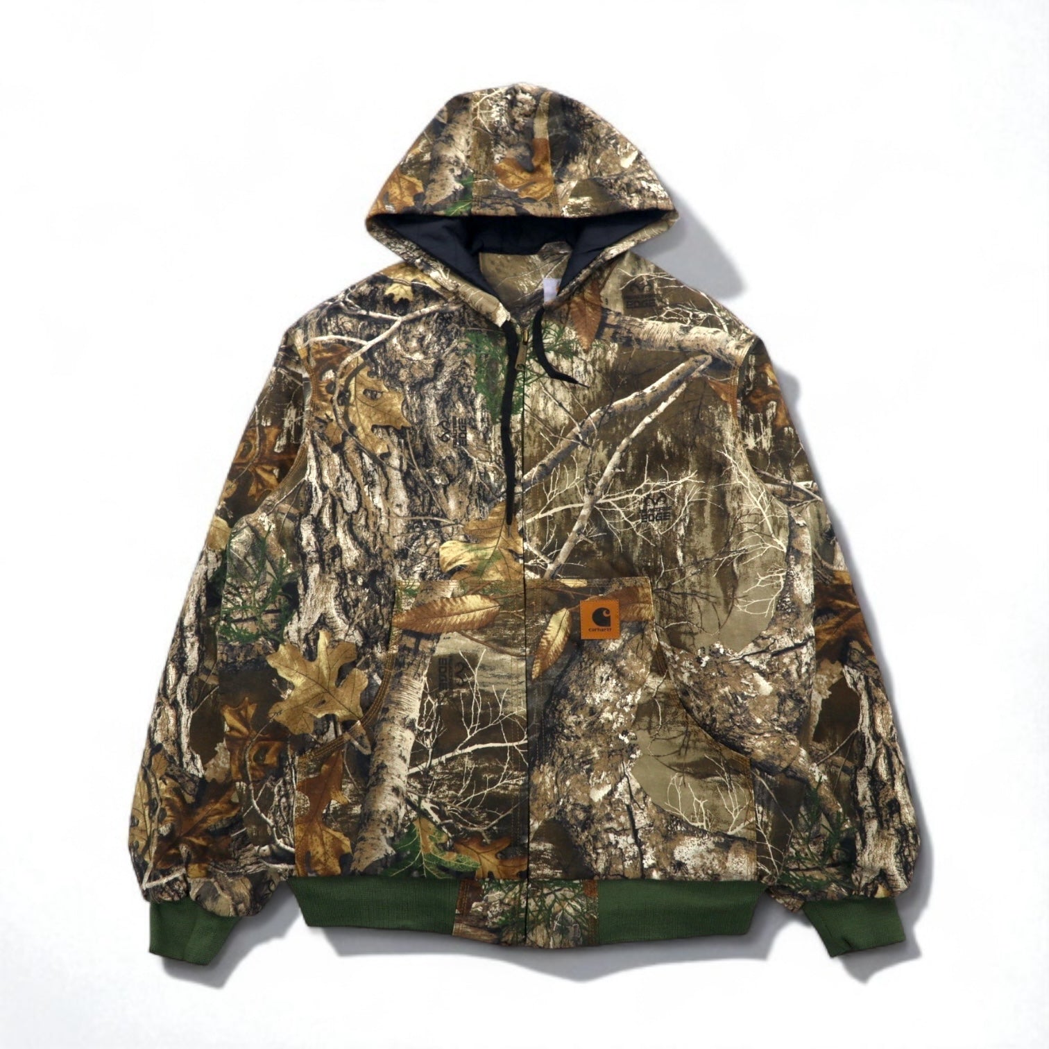 Carhartt, rielaborato, riassemblato, mimetica Real Tree, giacca Active, felpa con cappuccio, taglia L, kaki, cotone