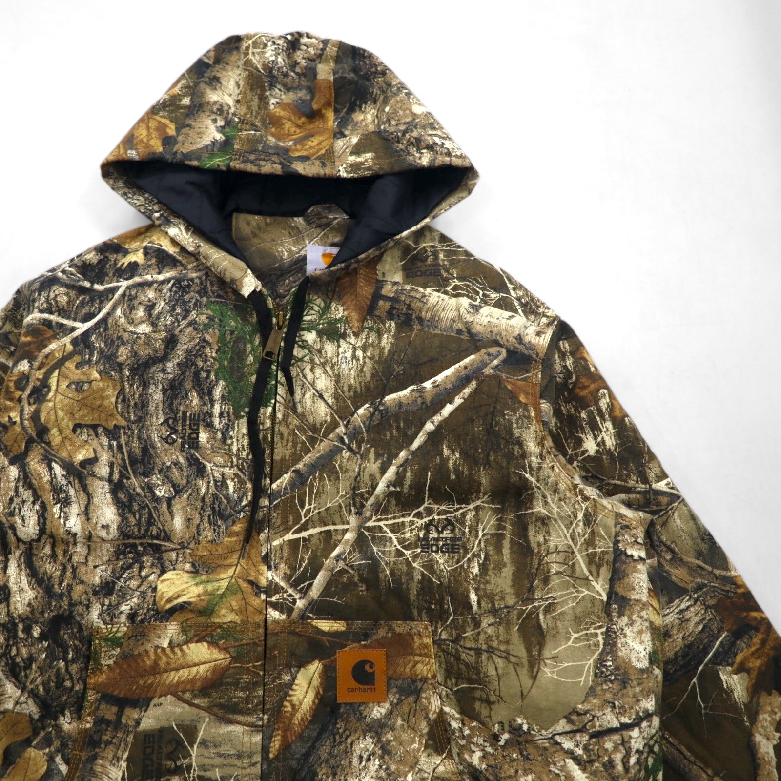 Carhartt, rielaborato, riassemblato, mimetica Real Tree, giacca Active, felpa con cappuccio, taglia L, kaki, cotone