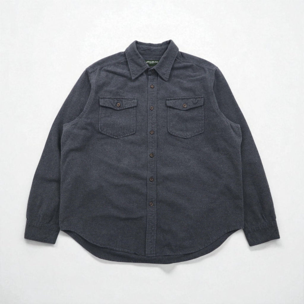 Camicia Eddie Bauer in flanella scamosciata, taglia L, grigia, cotone, doppie tasche