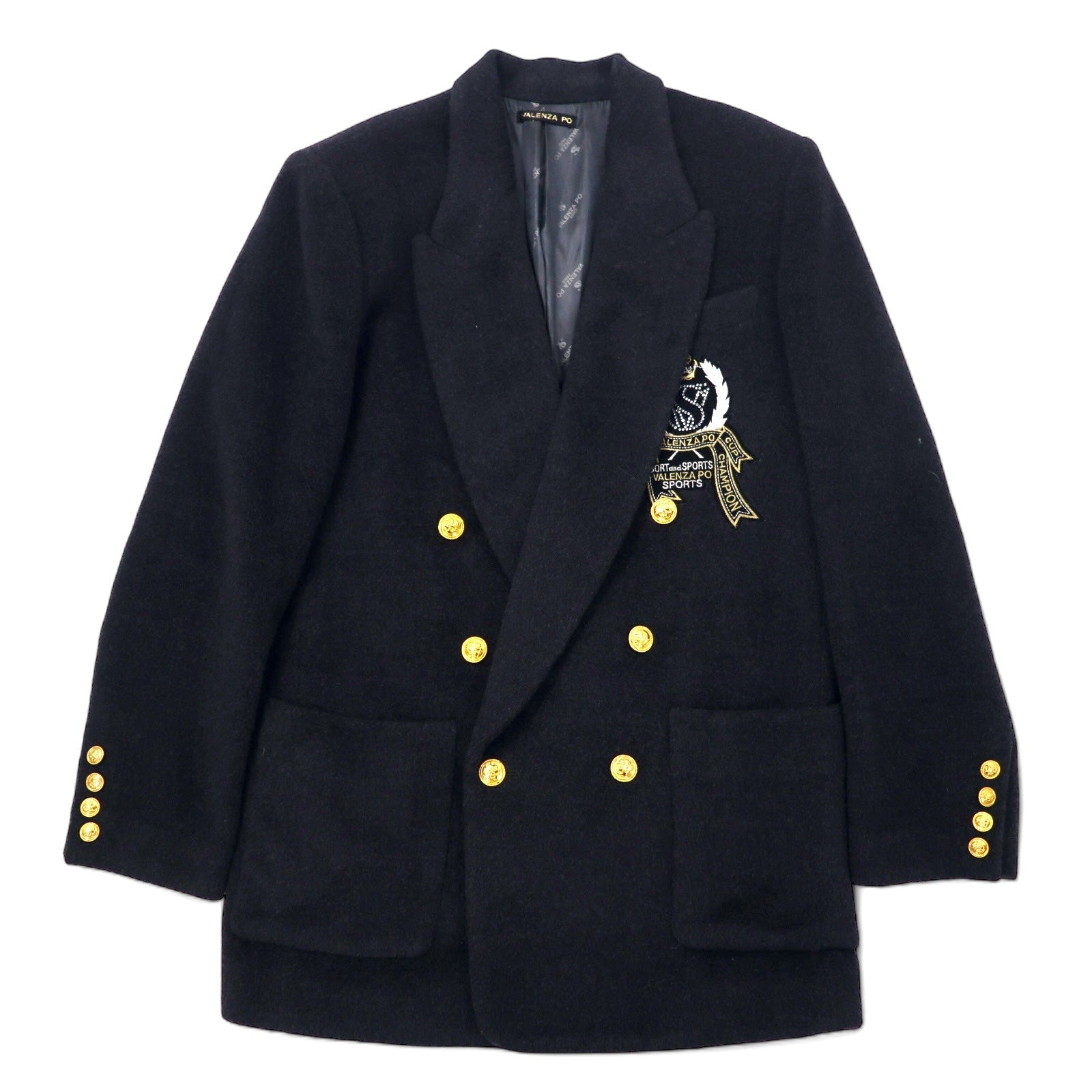 Giacca sartoriale doppiopetto in misto cashmere VALENZA PO SPORTS anni '80 taglia 40, colore nero, in lana, con bottoni dorati e logo a emblema, made in Japan.