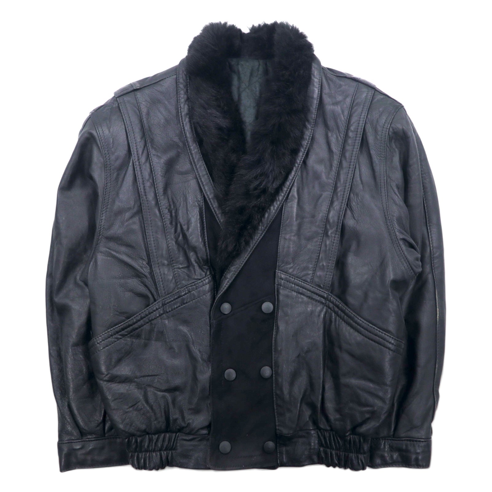 Anni '90 VERA PELLE Giacca in pelle doppiopetto taglia M, colore nero, con fodera in pelle e pelliccia, motivo paisley interno e collo in pelliccia acrilica.