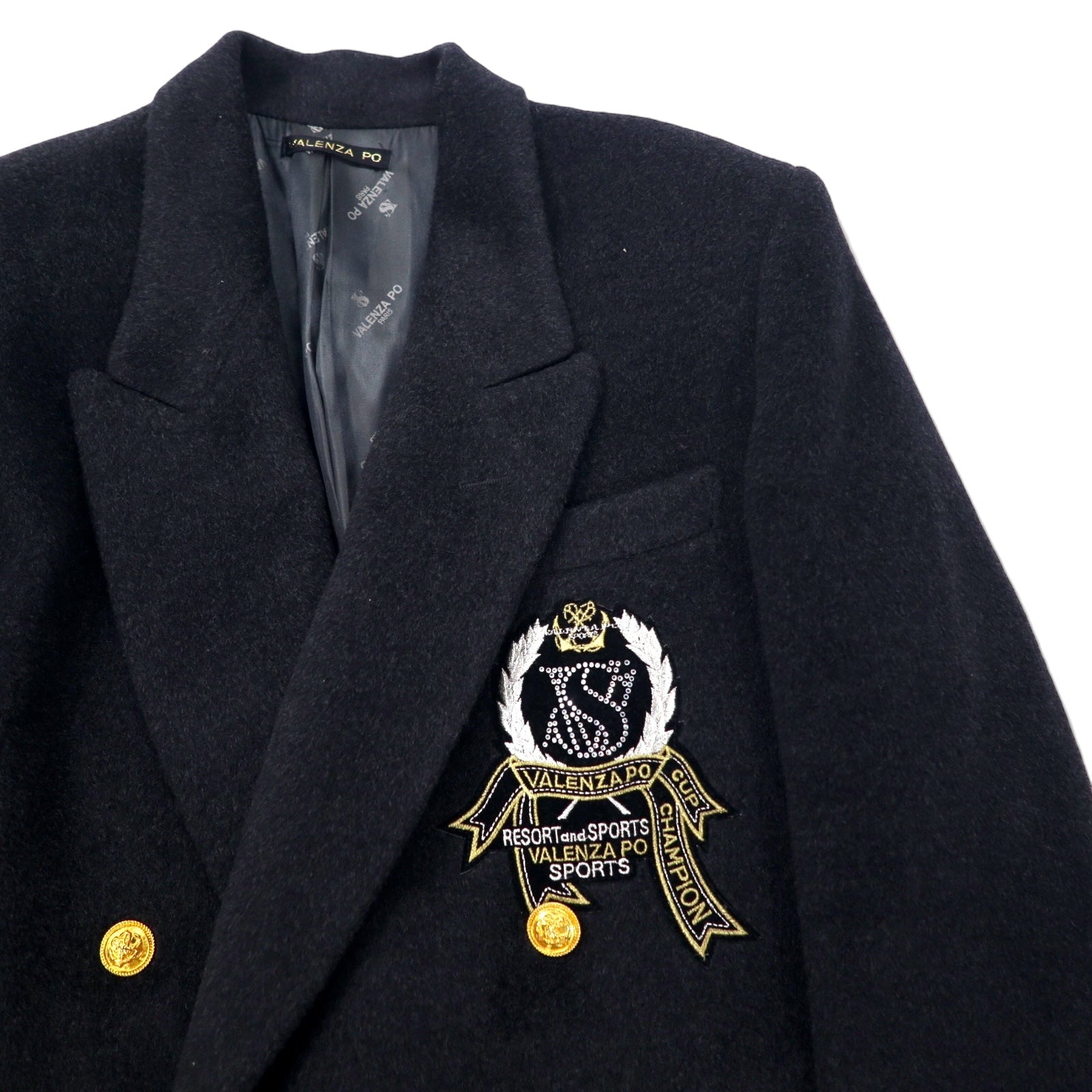 Giacca sartoriale doppiopetto in misto cashmere VALENZA PO SPORTS anni '80 taglia 40, colore nero, in lana, con bottoni dorati e logo a emblema, made in Japan.