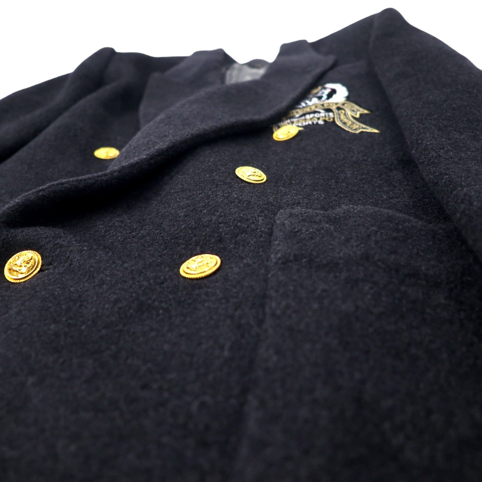 Giacca sartoriale doppiopetto in misto cashmere VALENZA PO SPORTS anni '80 taglia 40, colore nero, in lana, con bottoni dorati e logo a emblema, made in Japan.