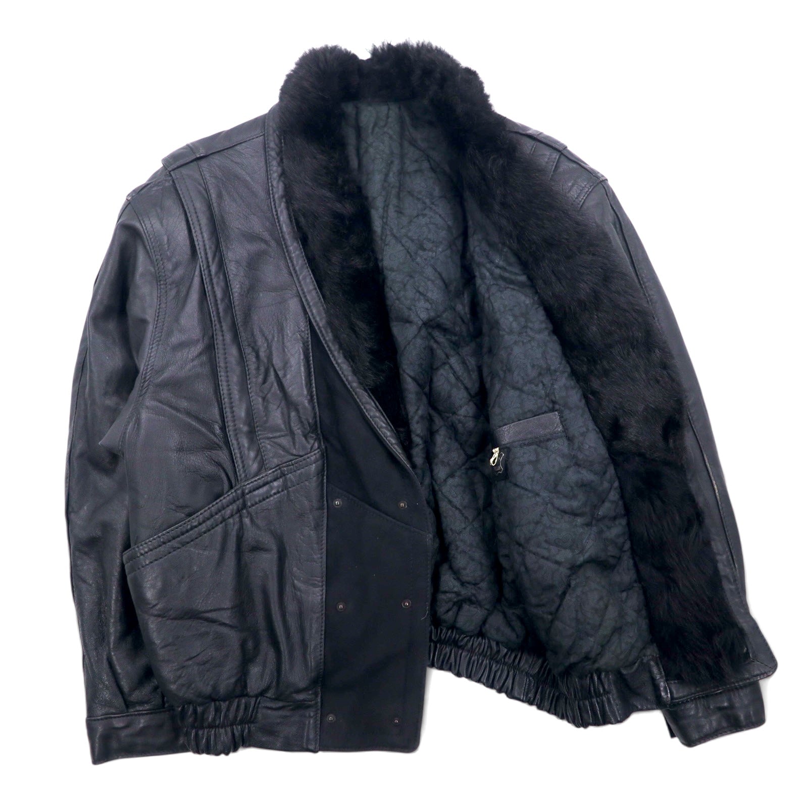 Anni '90 VERA PELLE Giacca in pelle doppiopetto taglia M, colore nero, con fodera in pelle e pelliccia, motivo paisley interno e collo in pelliccia acrilica.