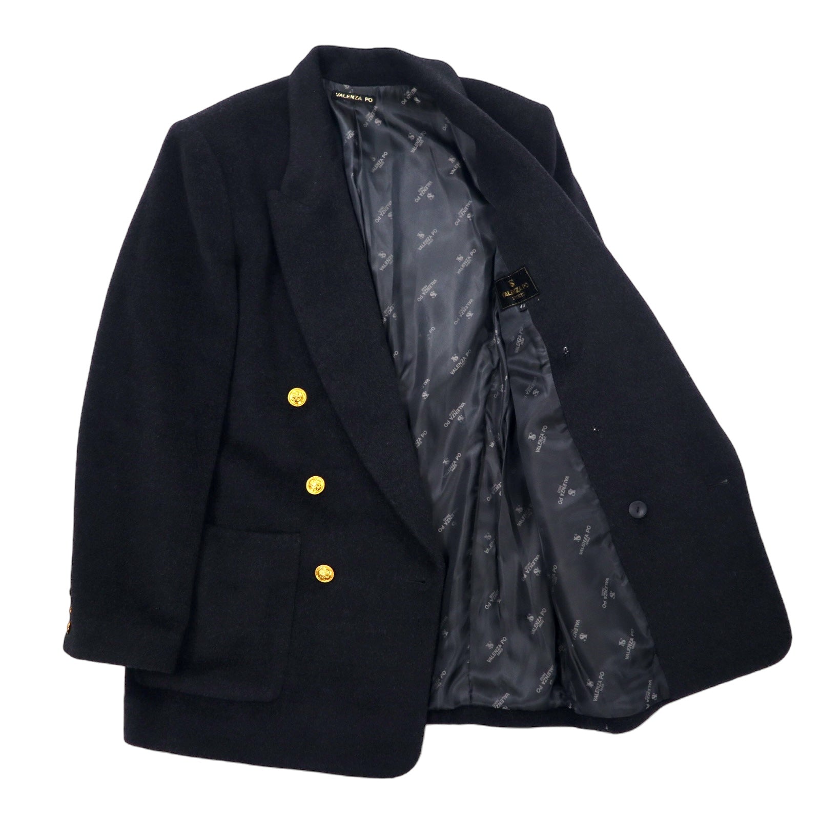 Giacca sartoriale doppiopetto in misto cashmere VALENZA PO SPORTS anni '80 taglia 40, colore nero, in lana, con bottoni dorati e logo a emblema, made in Japan.