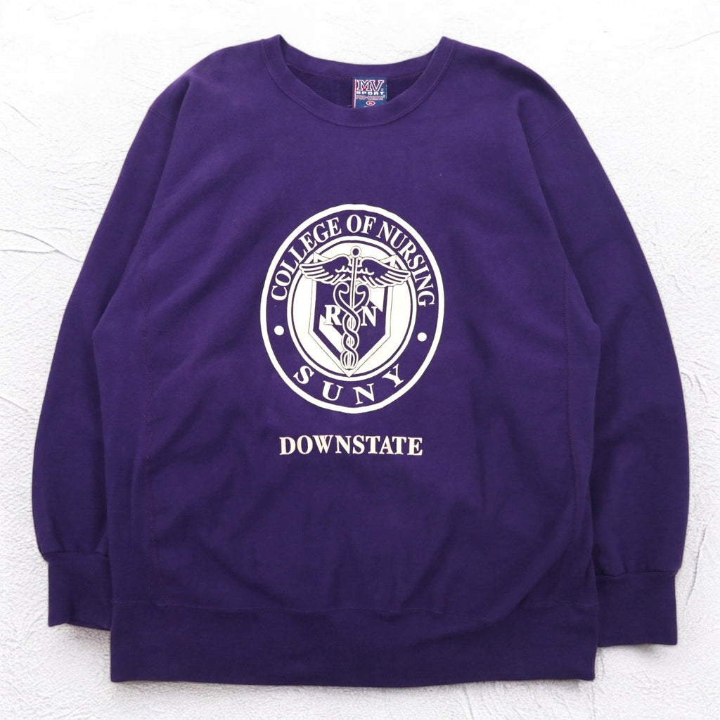 MV SPORT anni '90 Reverse Weave PRO-WEAVE Stampa College Felpa XL Viola Interno Felpato DOWNSTATE