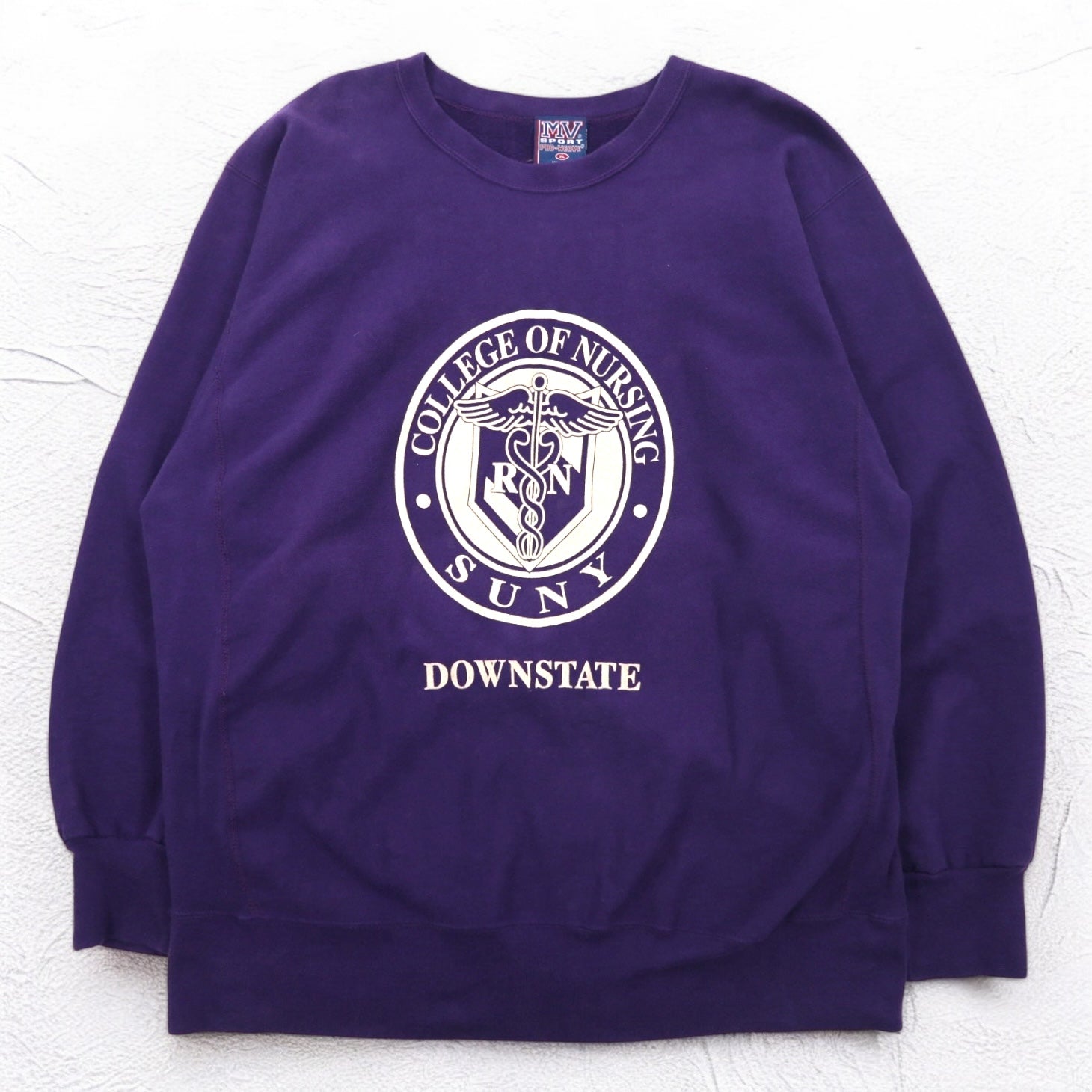 MV SPORT anni '90 Reverse Weave PRO-WEAVE Stampa College Felpa XL Viola Interno Felpato DOWNSTATE