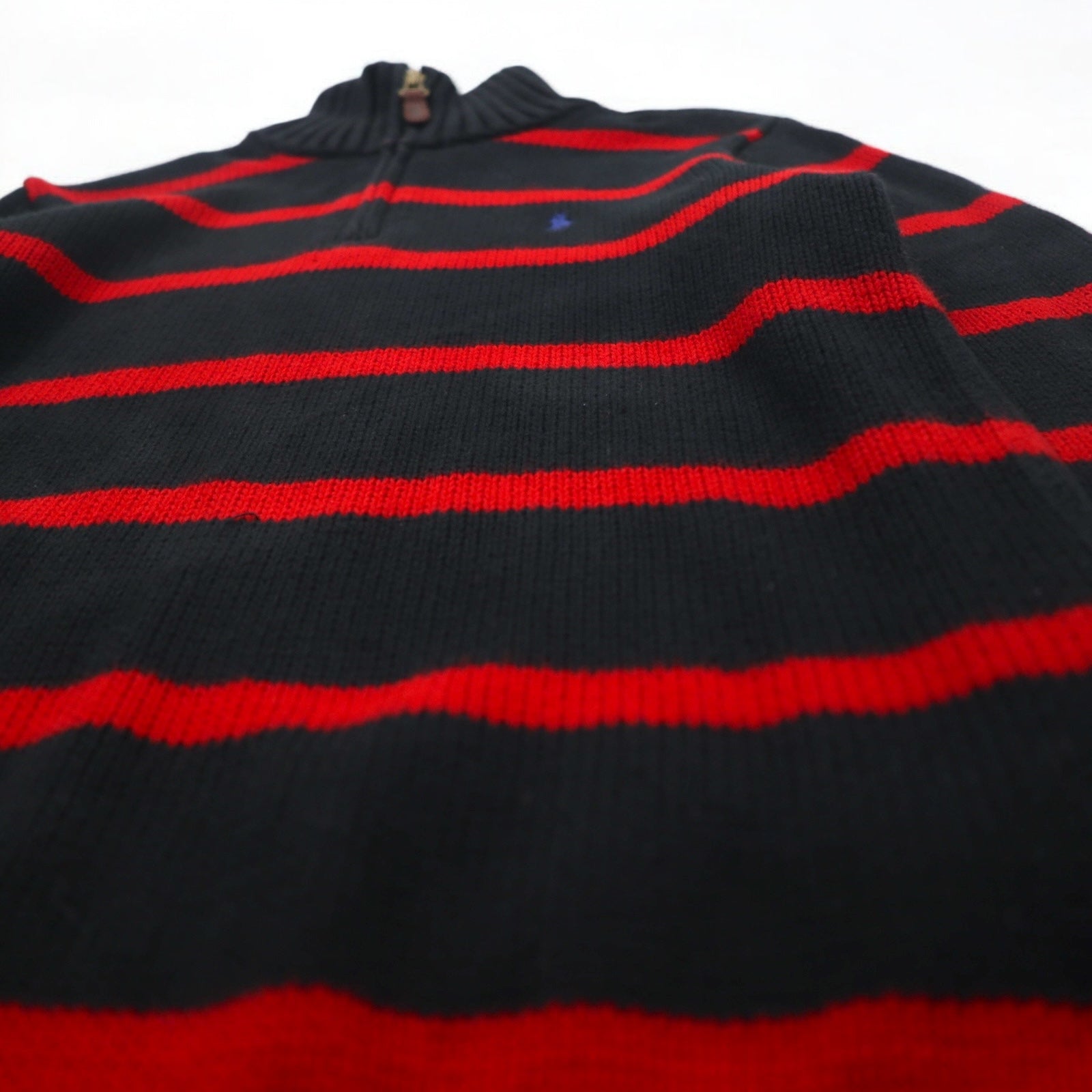 Polo by Ralph Lauren maglione in cotone a mezza zip anni '90, taglia M, a righe, nero e rosso