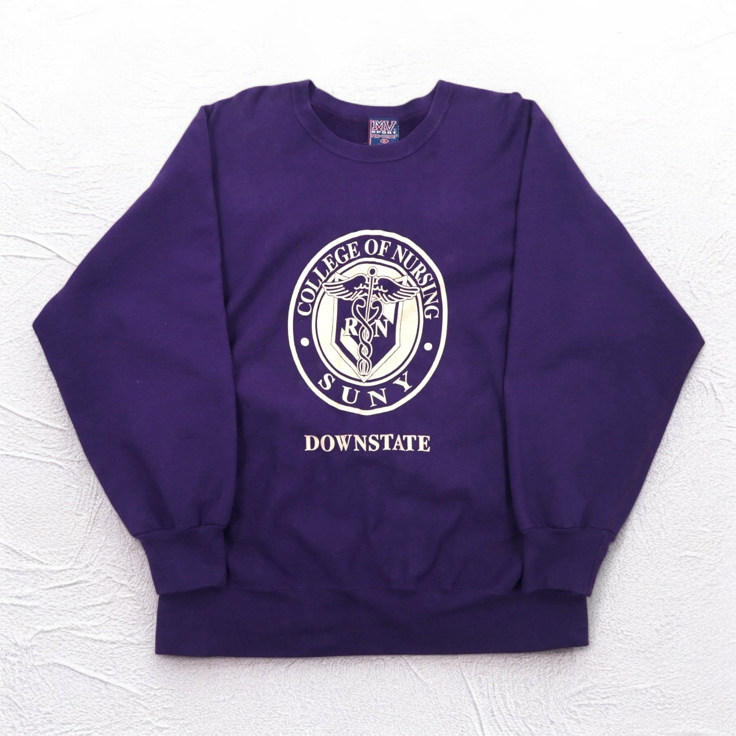MV SPORT anni '90 Reverse Weave PRO-WEAVE Stampa College Felpa XL Viola Interno Felpato DOWNSTATE