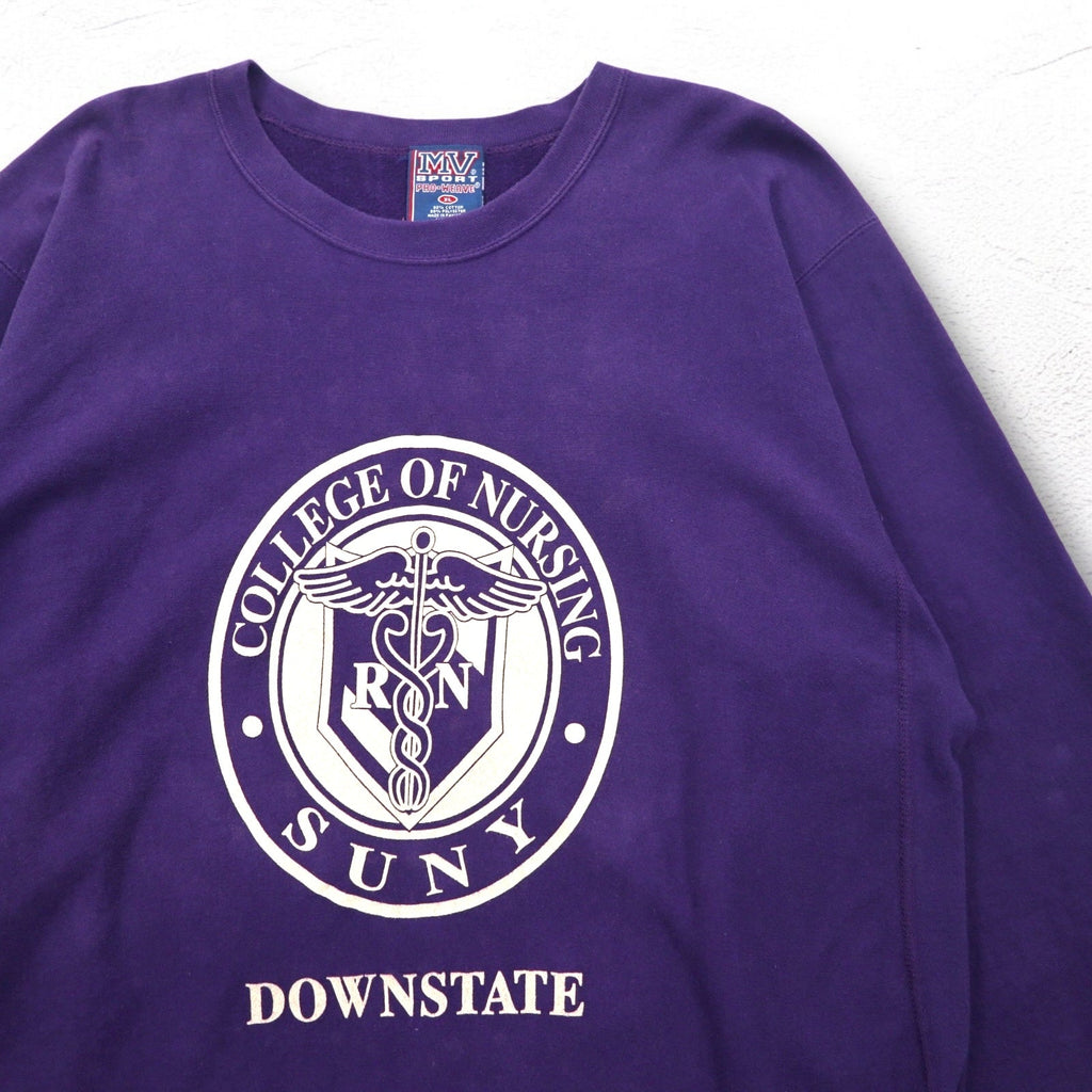 MV SPORT anni '90 Reverse Weave PRO-WEAVE Stampa College Felpa XL Viola Interno Felpato DOWNSTATE