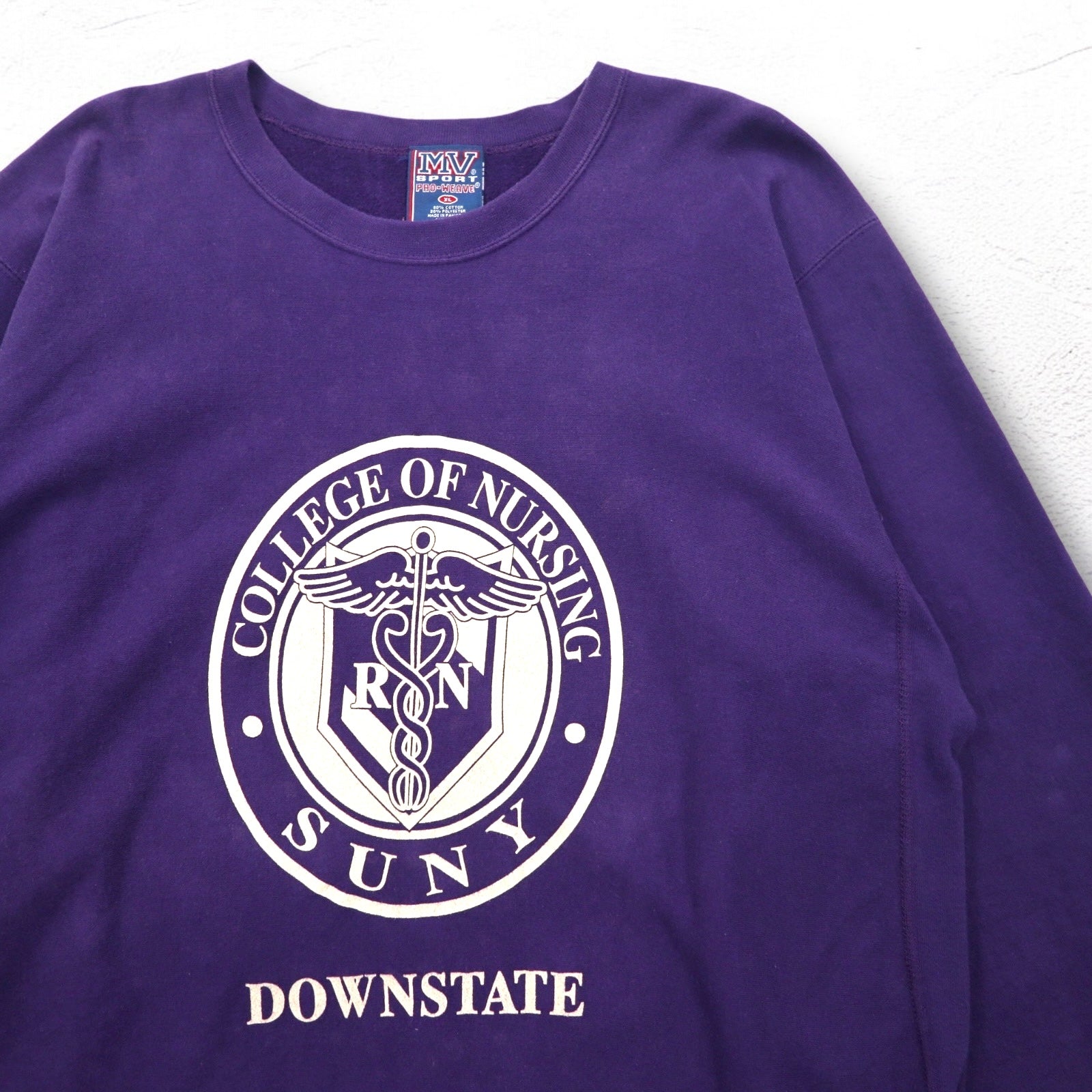 MV SPORT anni '90 Reverse Weave PRO-WEAVE Stampa College Felpa XL Viola Interno Felpato DOWNSTATE