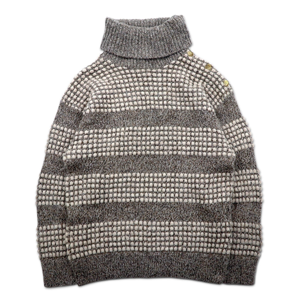 Maglione dolcevita a coste New Man PARIS anni '90, fabbricato in Francia, taglia L, bianco e grigio, in acrilico con bottoni sulle spalle.