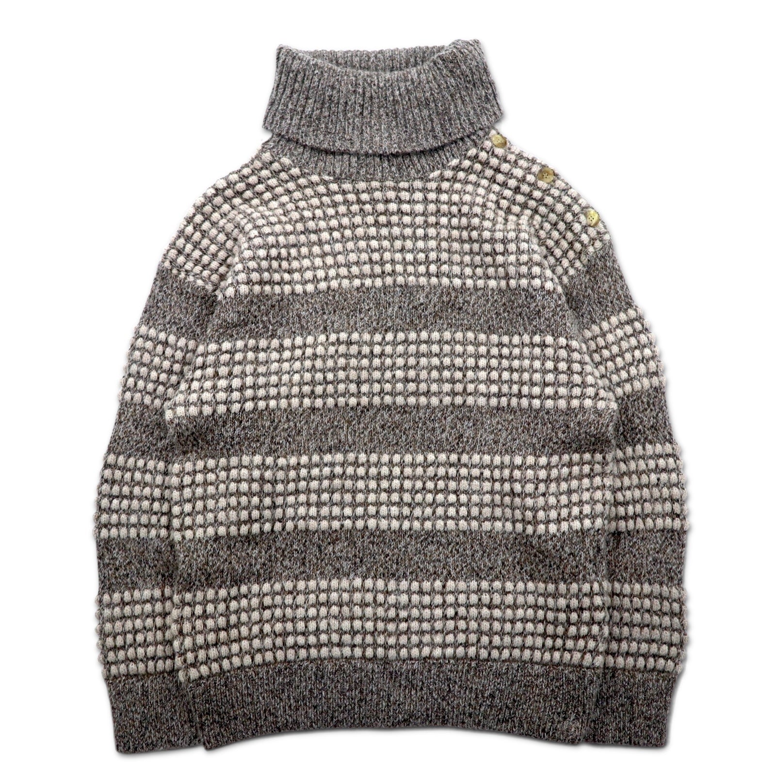 Maglione dolcevita a coste New Man PARIS anni '90, fabbricato in Francia, taglia L, bianco e grigio, in acrilico con bottoni sulle spalle.