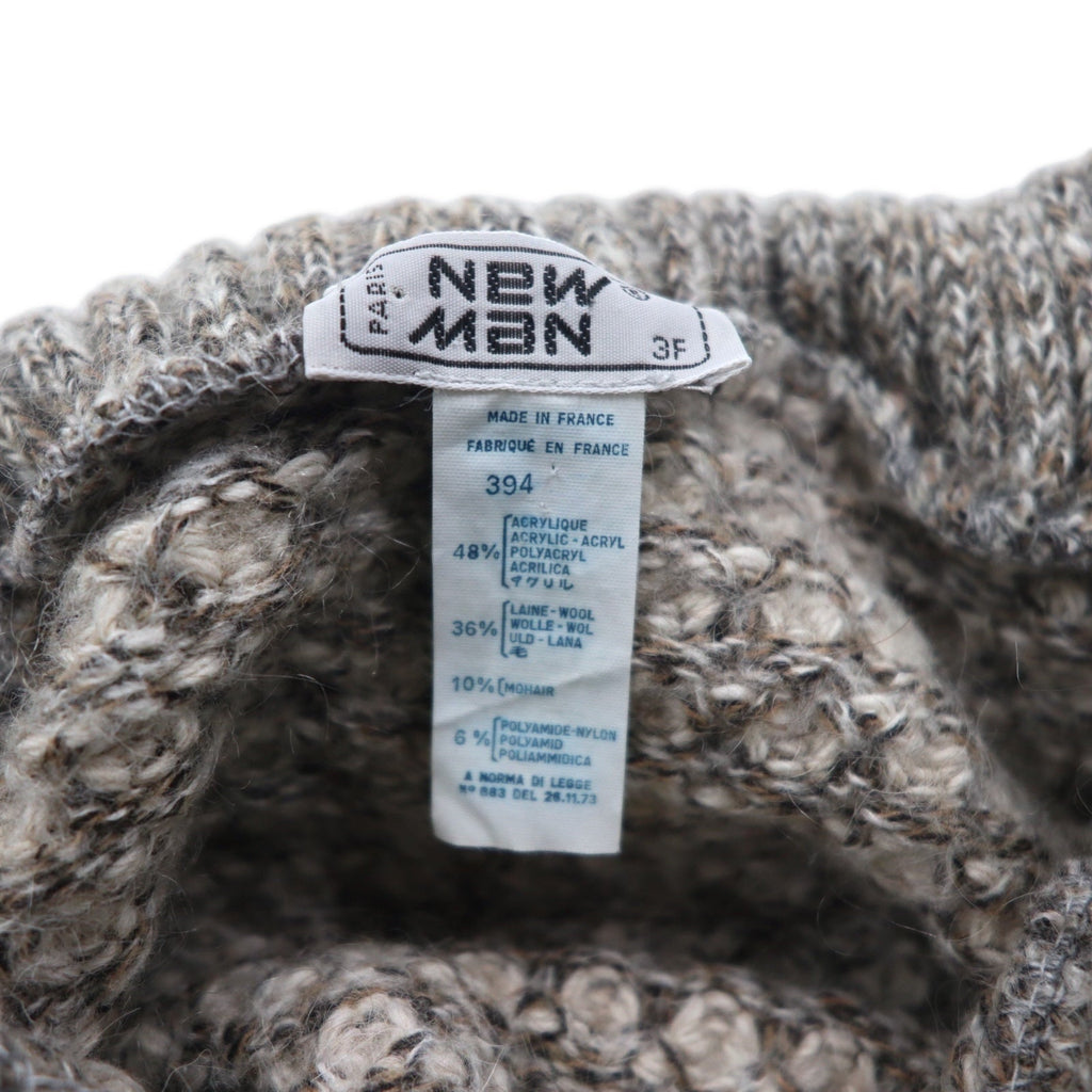 Maglione dolcevita a coste New Man PARIS anni '90, fabbricato in Francia, taglia L, bianco e grigio, in acrilico con bottoni sulle spalle.