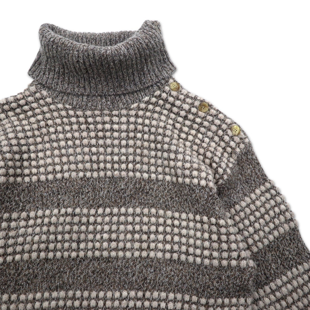 Maglione dolcevita a coste New Man PARIS anni '90, fabbricato in Francia, taglia L, bianco e grigio, in acrilico con bottoni sulle spalle.