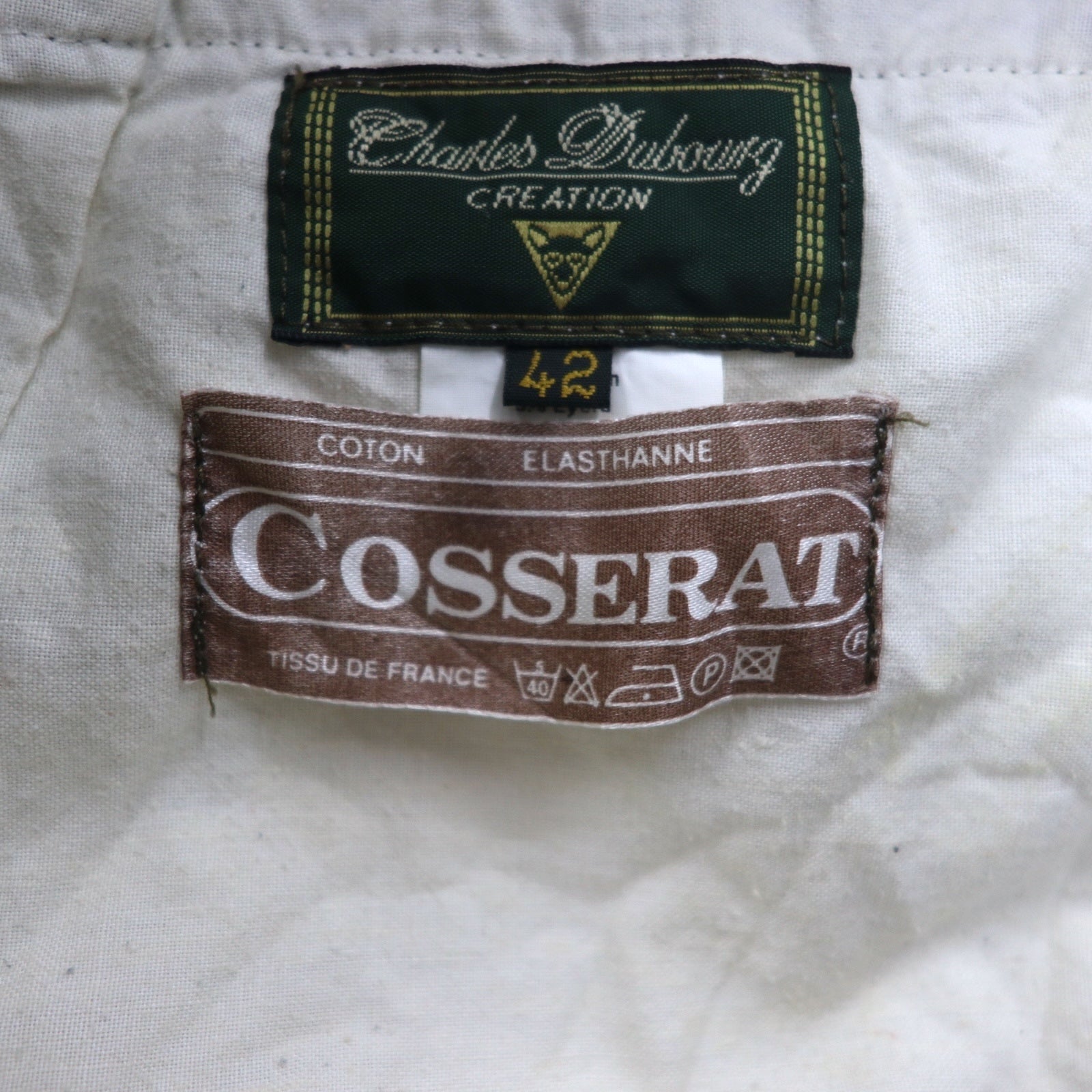 Pantaloni in velluto a coste affusolati L color kaki in cotone Charles Dubourg anni '80, produzione francese, con cerniera sull'orlo COSSERAT, profili in pelle, cerniera DMC