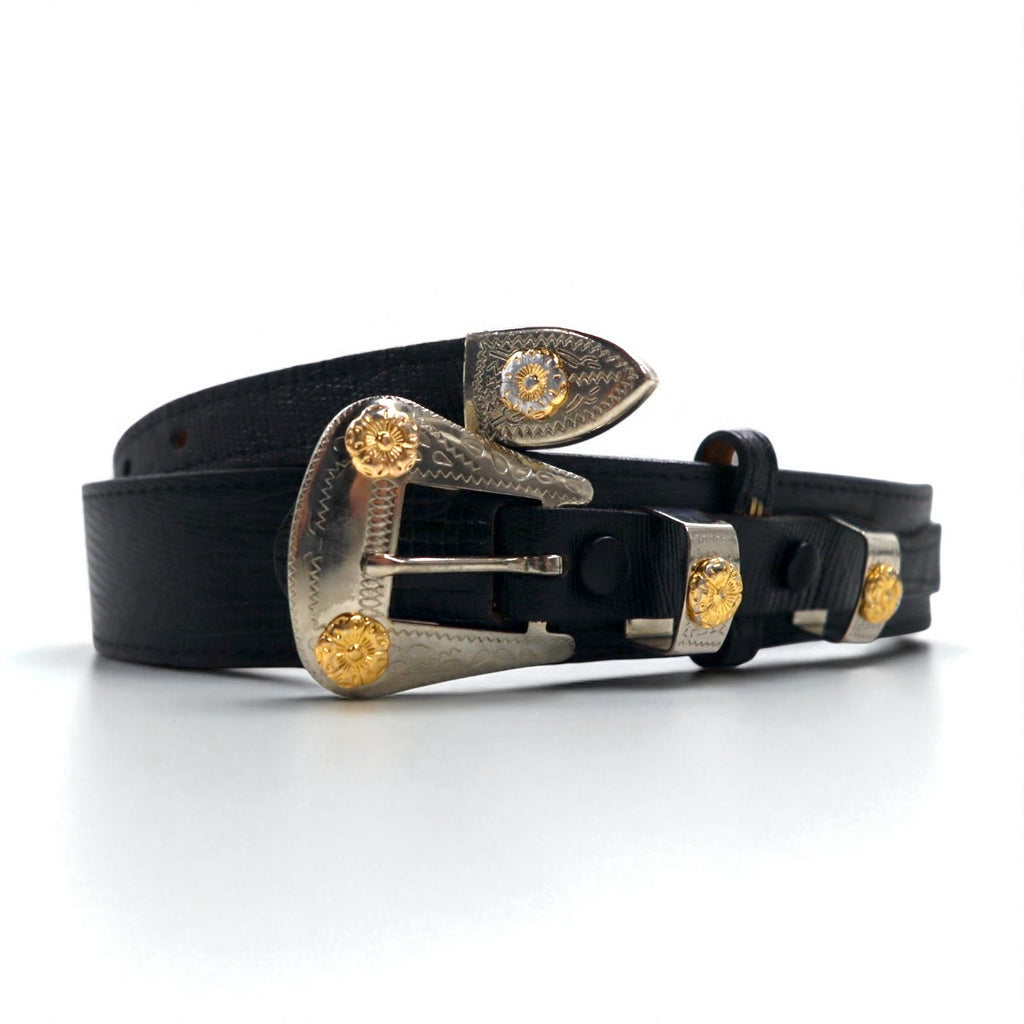 Cintura western in pelle Lyntone USA con stampa lucertola, taglia 38, colore nero, pelle bovina, fibbia argento e oro