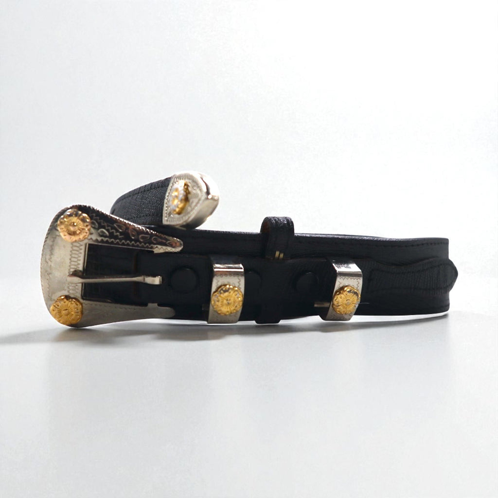 Cintura western in pelle Lyntone USA con stampa lucertola, taglia 38, colore nero, pelle bovina, fibbia argento e oro