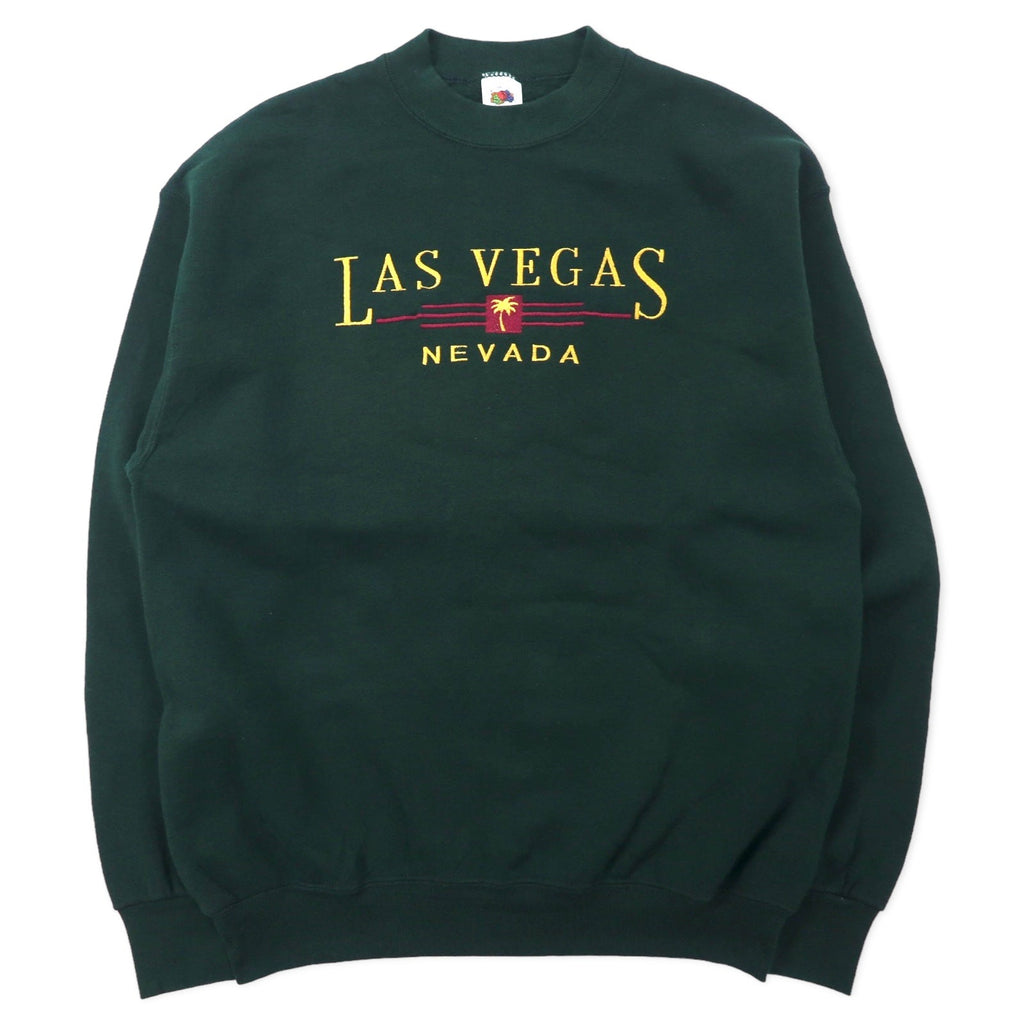 FRUIT OF THE LOOM USA 90s felpa ricamata L verde cotone felpata LAS VEGAS