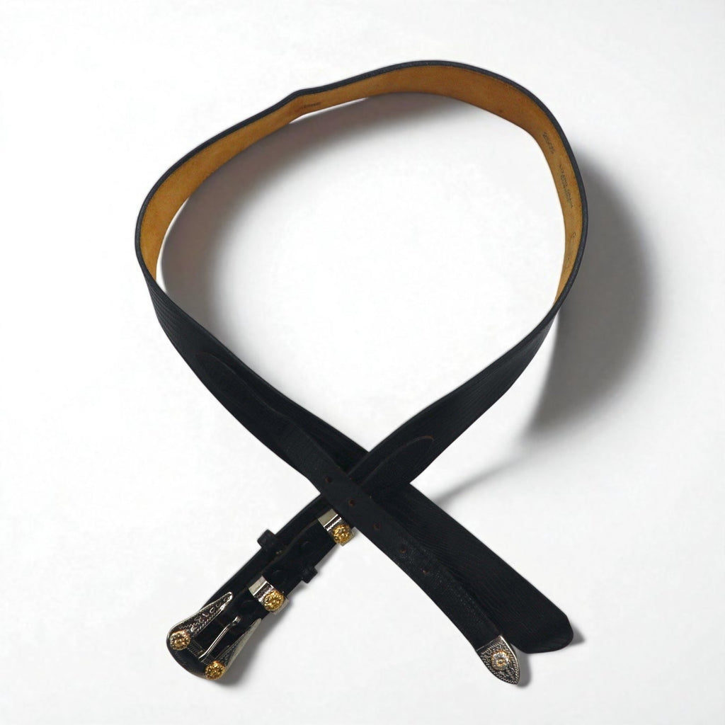 Cintura western in pelle Lyntone USA con stampa lucertola, taglia 38, colore nero, pelle bovina, fibbia argento e oro