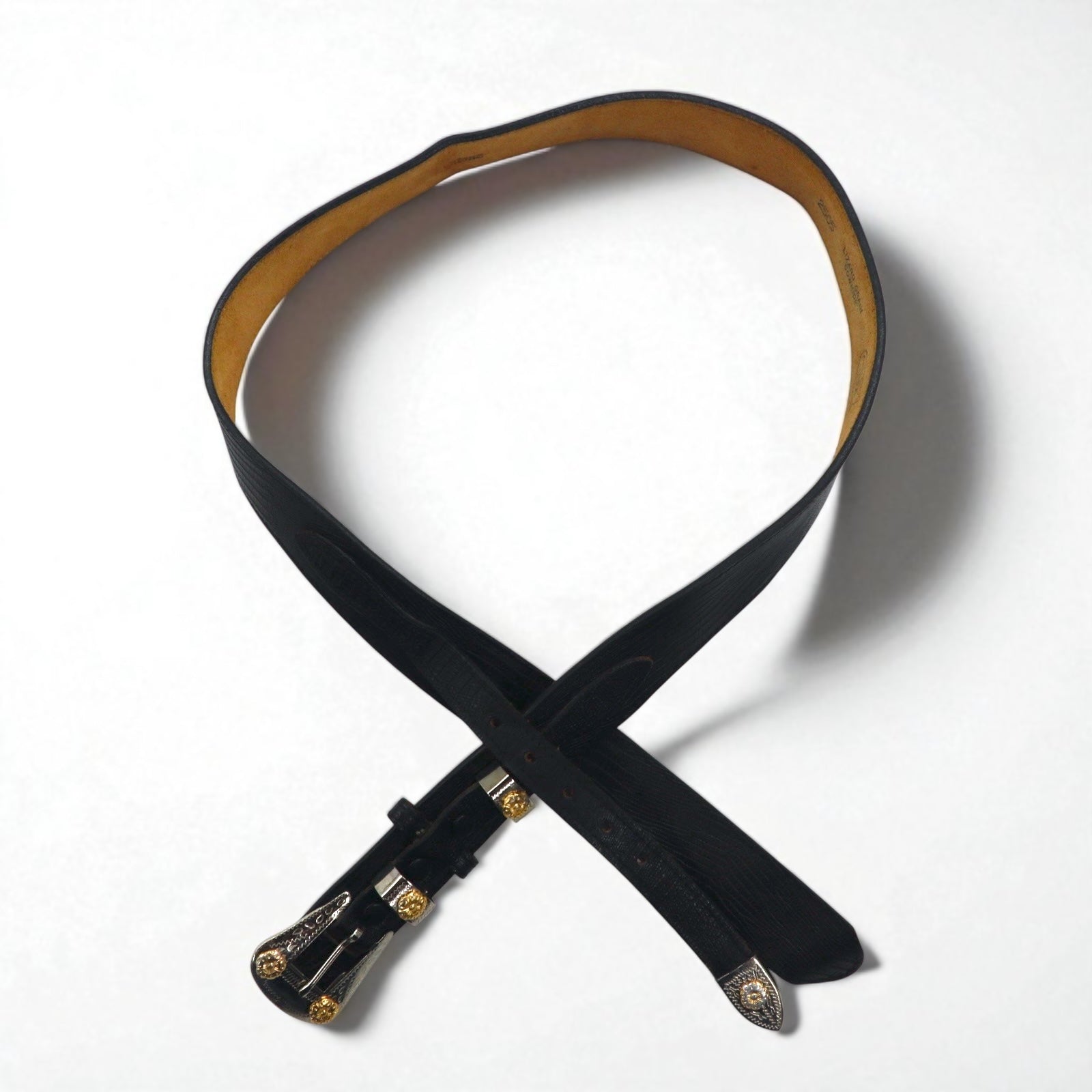 Cintura western in pelle Lyntone USA con stampa lucertola, taglia 38, colore nero, pelle bovina, fibbia argento e oro