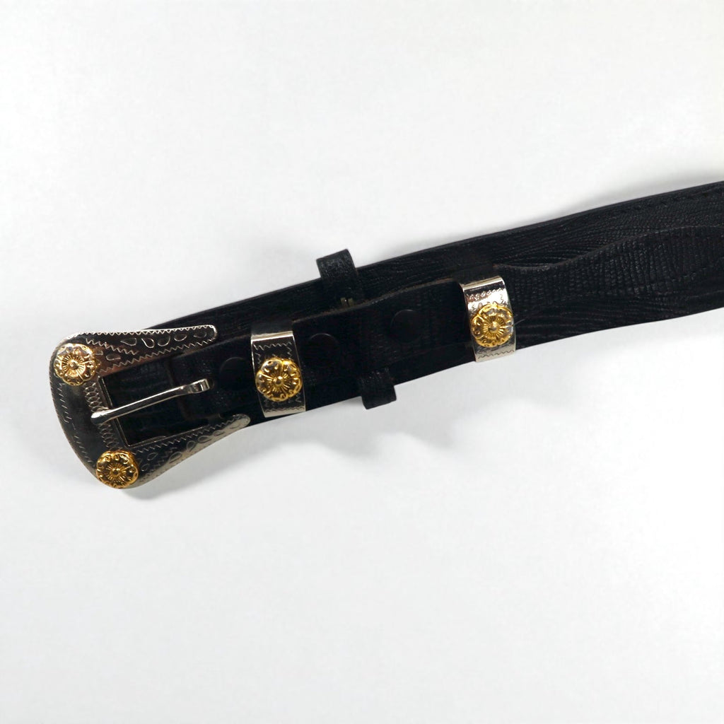 Cintura western in pelle Lyntone USA con stampa lucertola, taglia 38, colore nero, pelle bovina, fibbia argento e oro